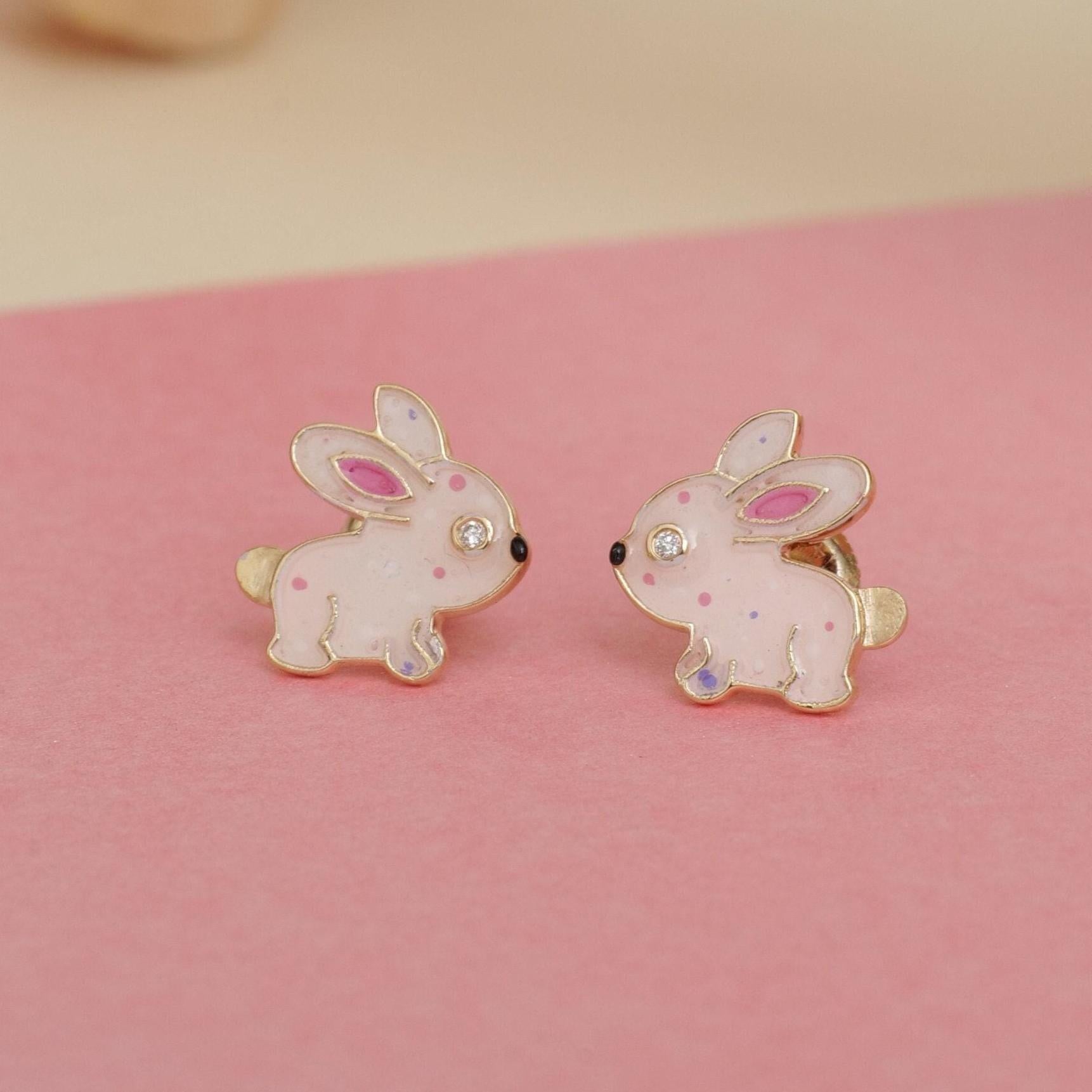 Art Deco Kids Bunny Diamond Stud Earrings in 14k Solid Gold (Certified) For Sale