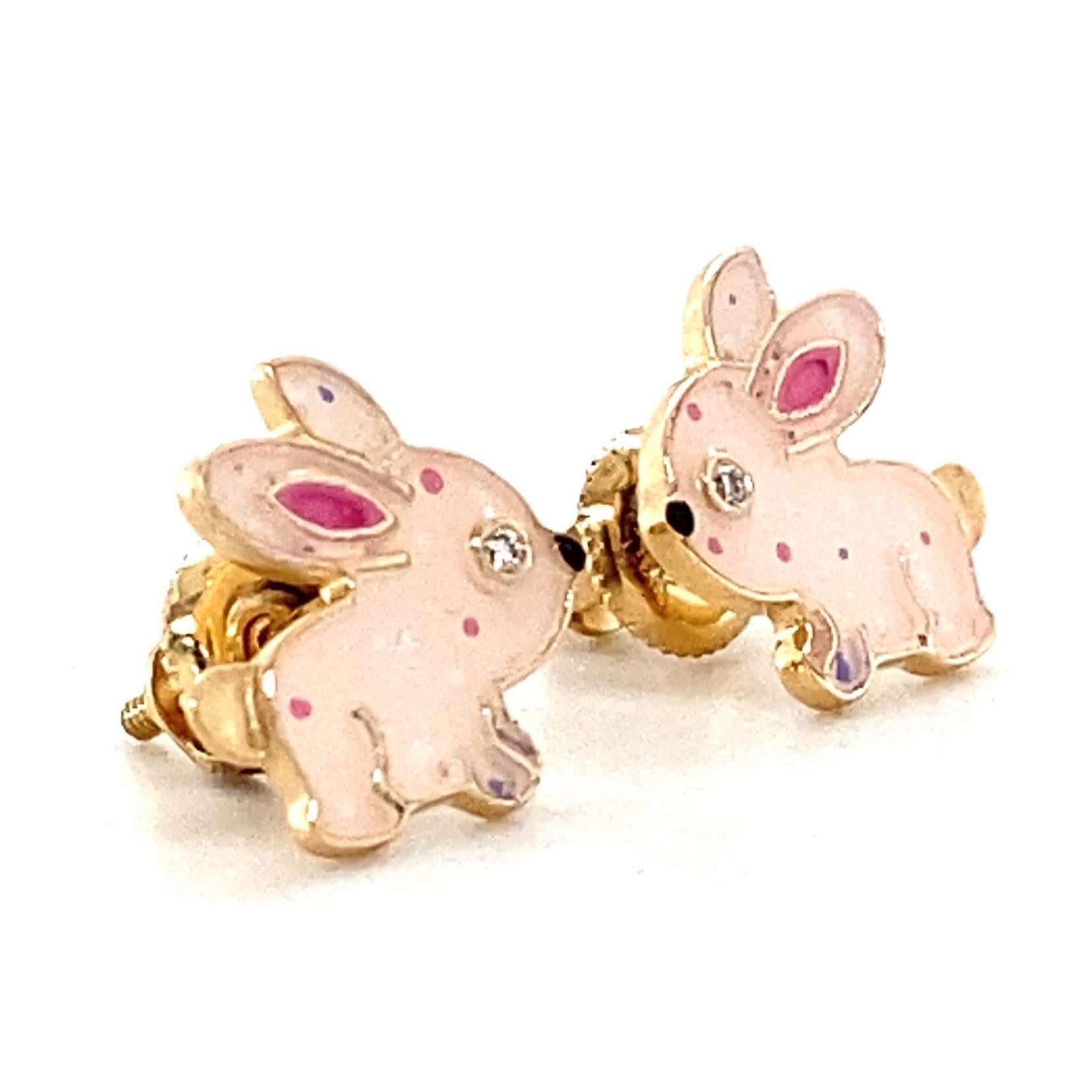 Round Cut Kids Bunny Diamond Stud Earrings in 14k Solid Gold (Certified) For Sale