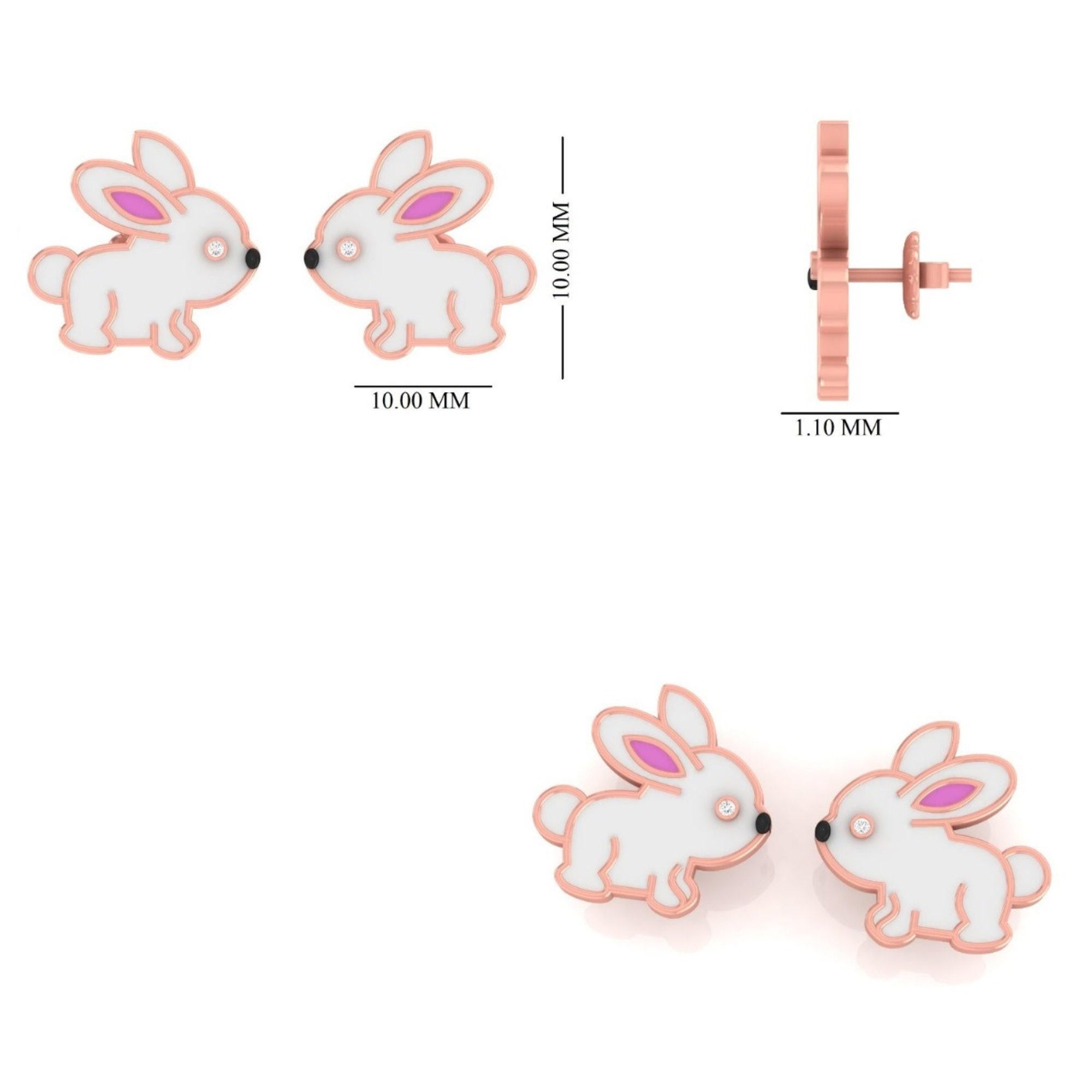 Women's Kids Bunny Diamond Stud Earrings in 14k Solid Gold (Certified) For Sale