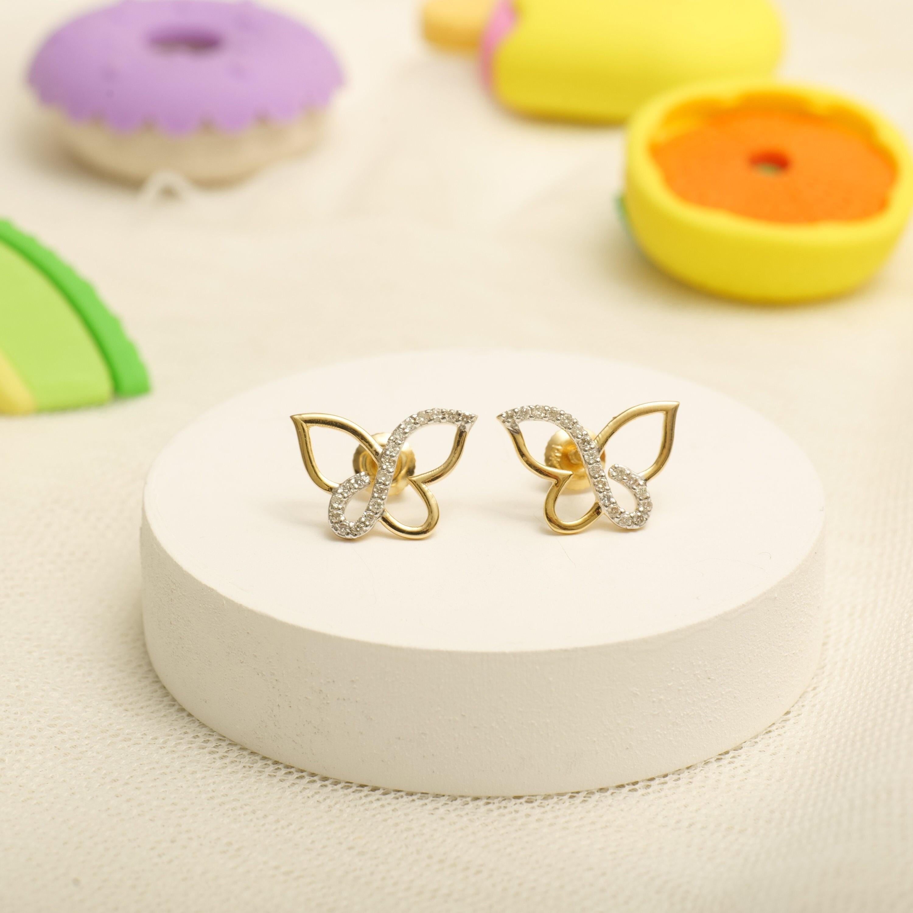 Art Deco Kids Butterfly Diamond Stud Earrings in 14K Solid Gold (Certified) For Sale