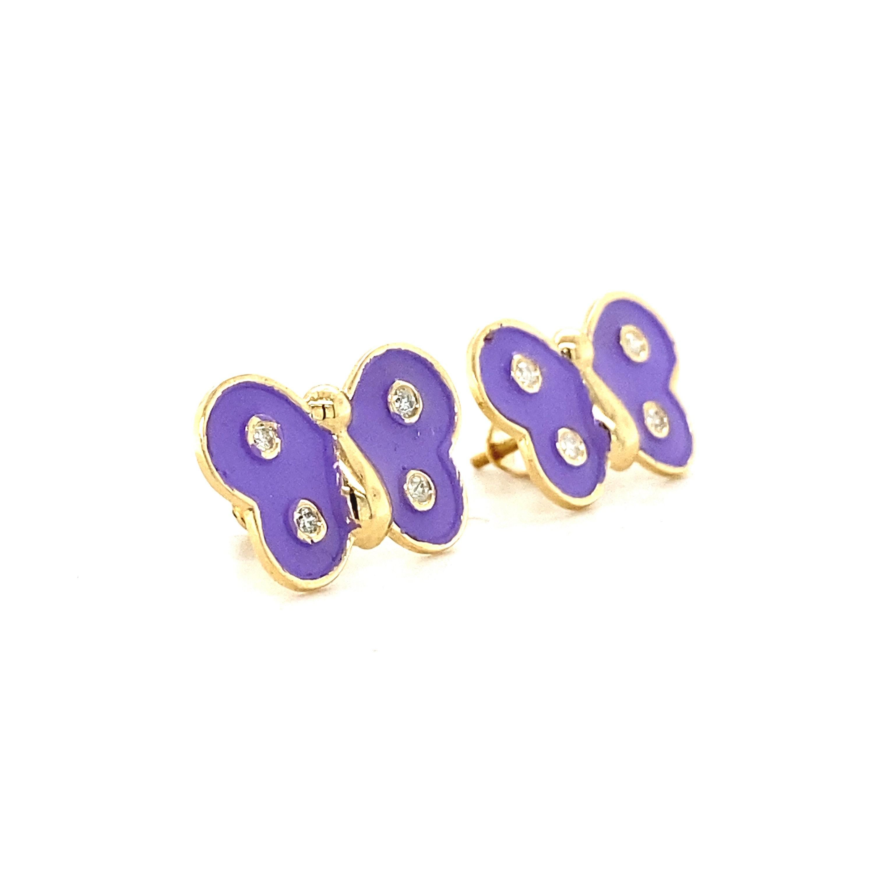 Kids Butterfly Diamond Stud Earrings in 14k Solid Gold (Certified) In New Condition For Sale In New Delhi, DL