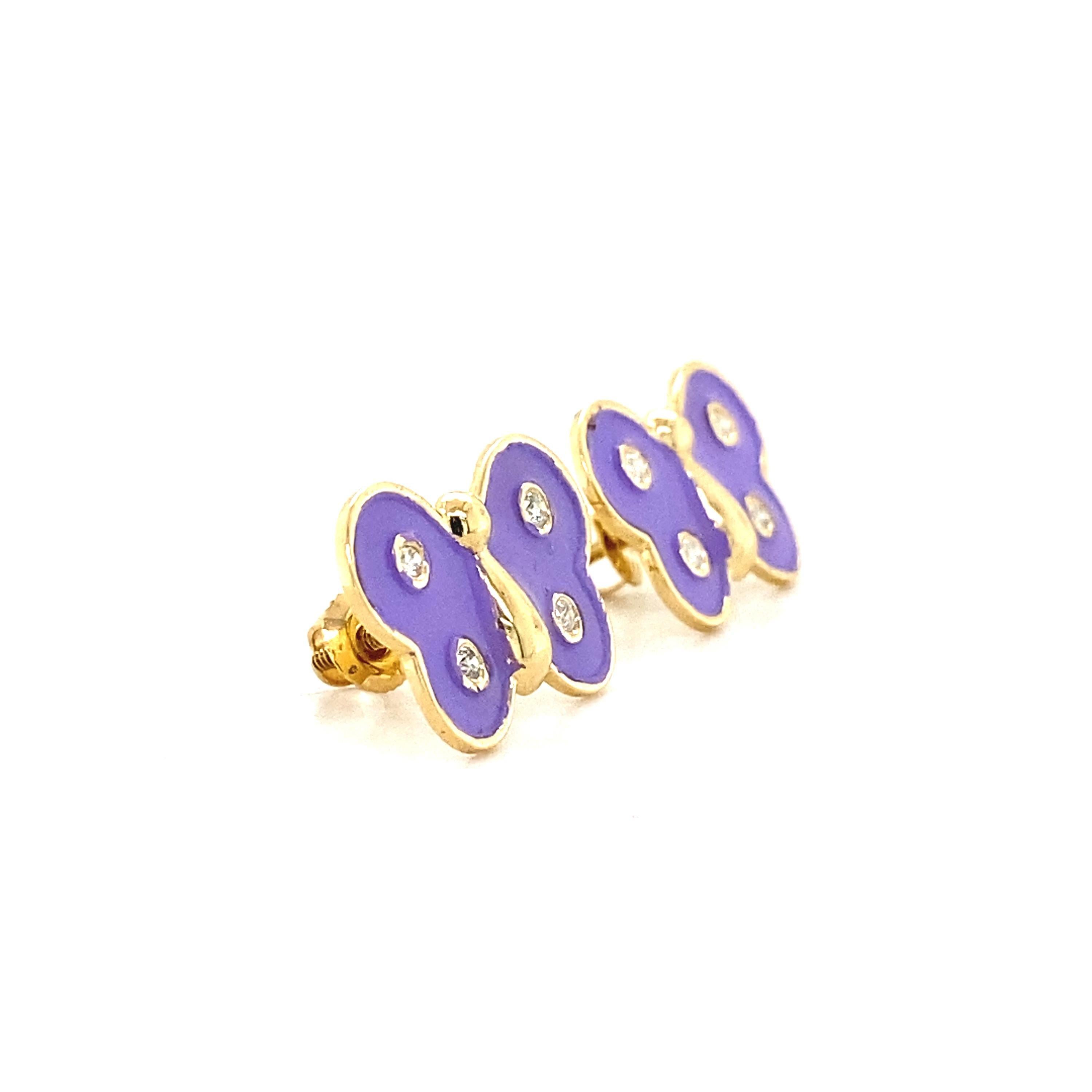 Women's Kids Butterfly Diamond Stud Earrings in 14k Solid Gold (Certified) For Sale