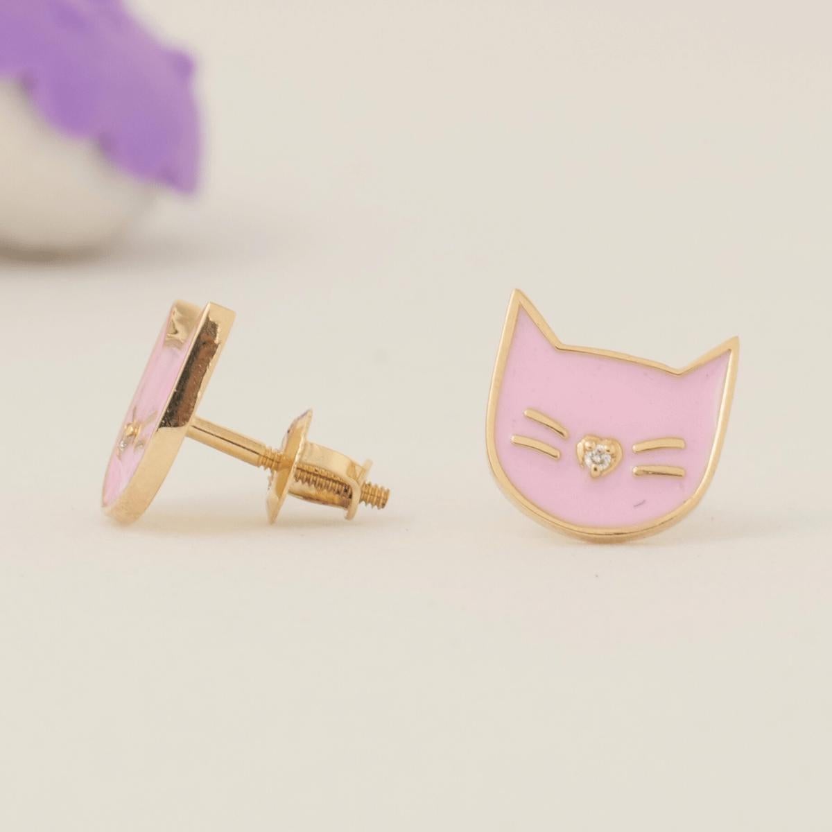 Art Déco Kids Cat Diamond Stud Earrings in 14k Solid Gold (Certified) in vendita