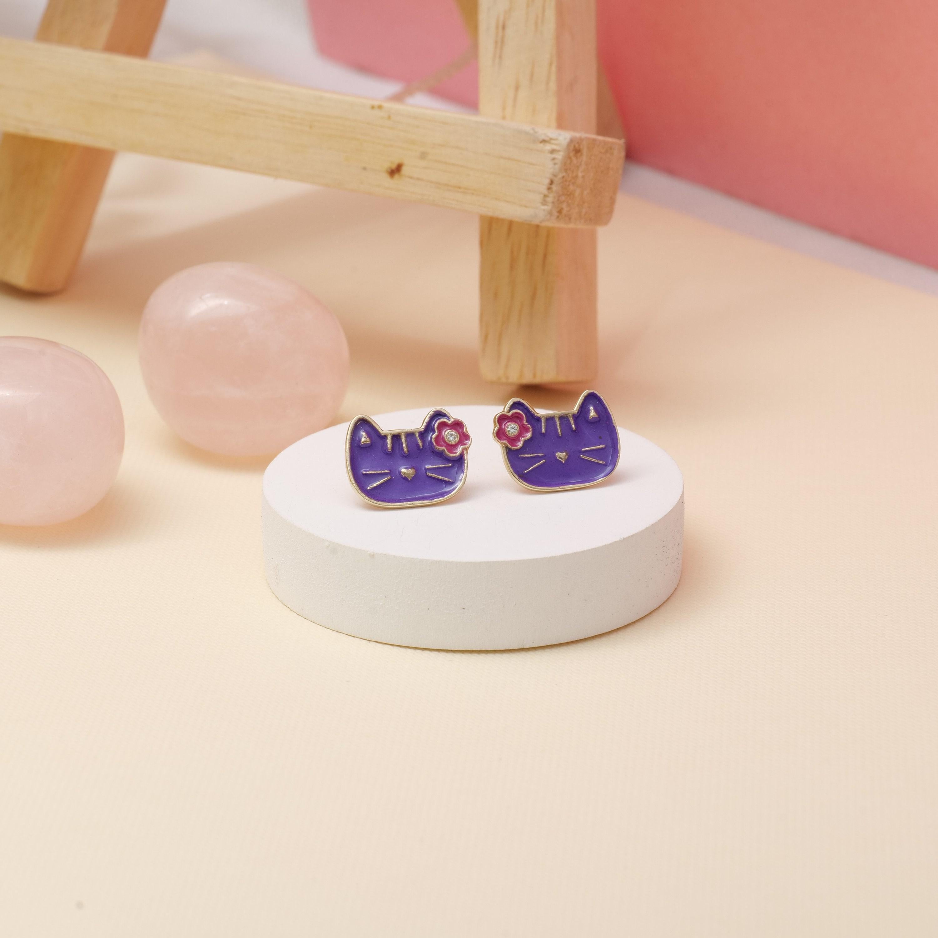 Art Déco Orecchini per bambini con diamanti a forma di gatto in oro massiccio 14K (certificati) in vendita