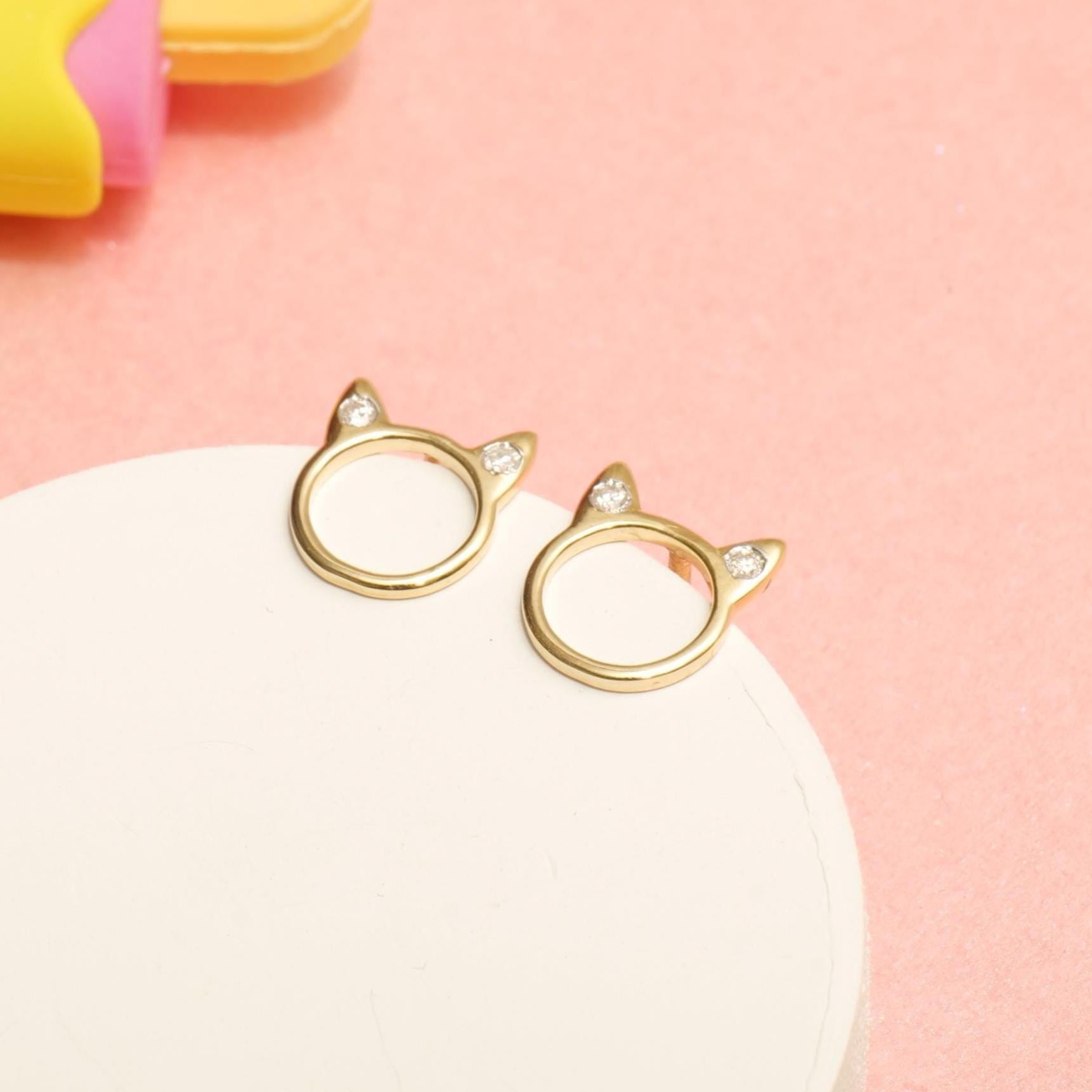 Art Déco Orecchini per bambini con orecchio di gatto e diamante in oro massiccio 14K (certificati) in vendita