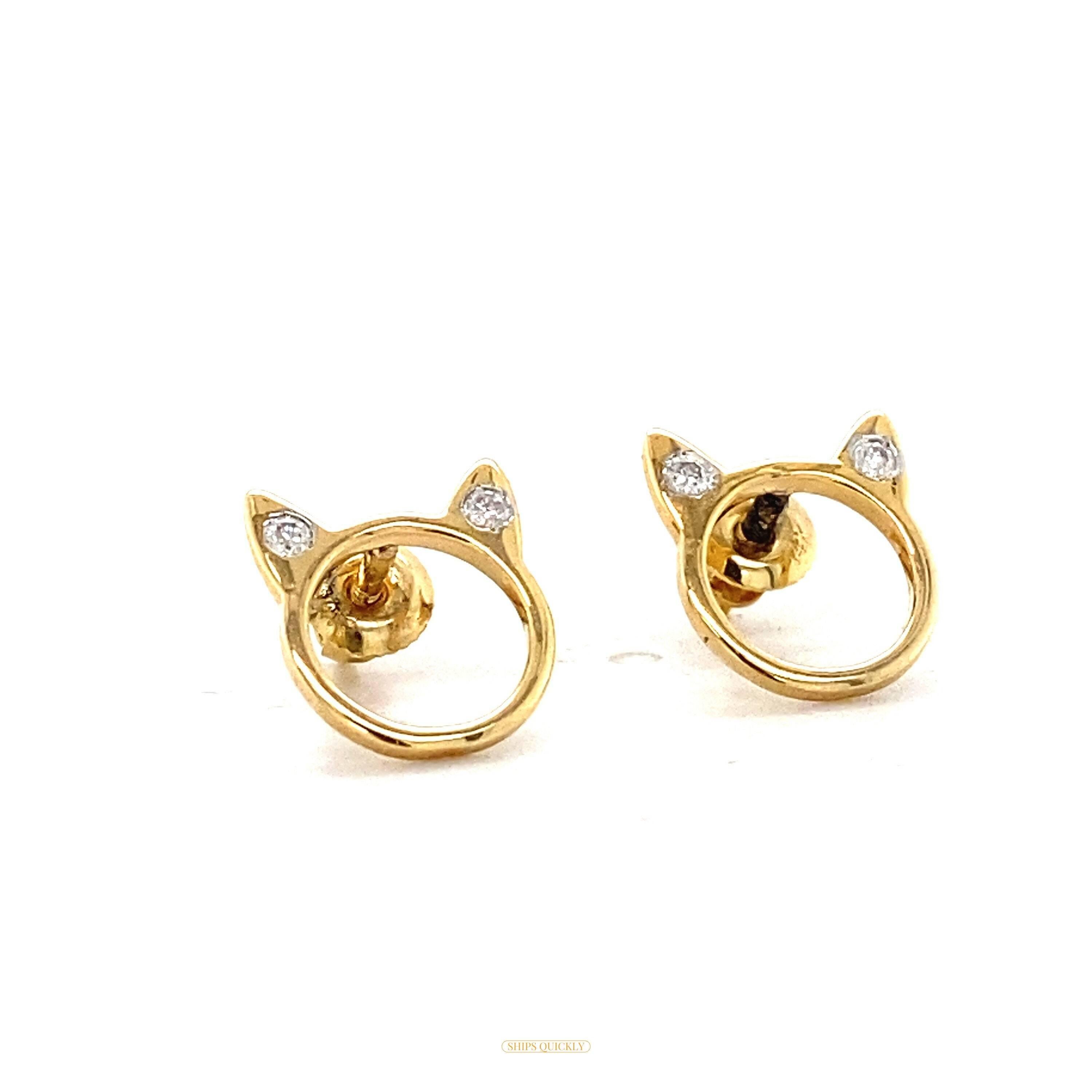 Orecchini per bambini con orecchio di gatto e diamante in oro massiccio 14K (certificati) In condizioni Nuovo in vendita a New Delhi, DL