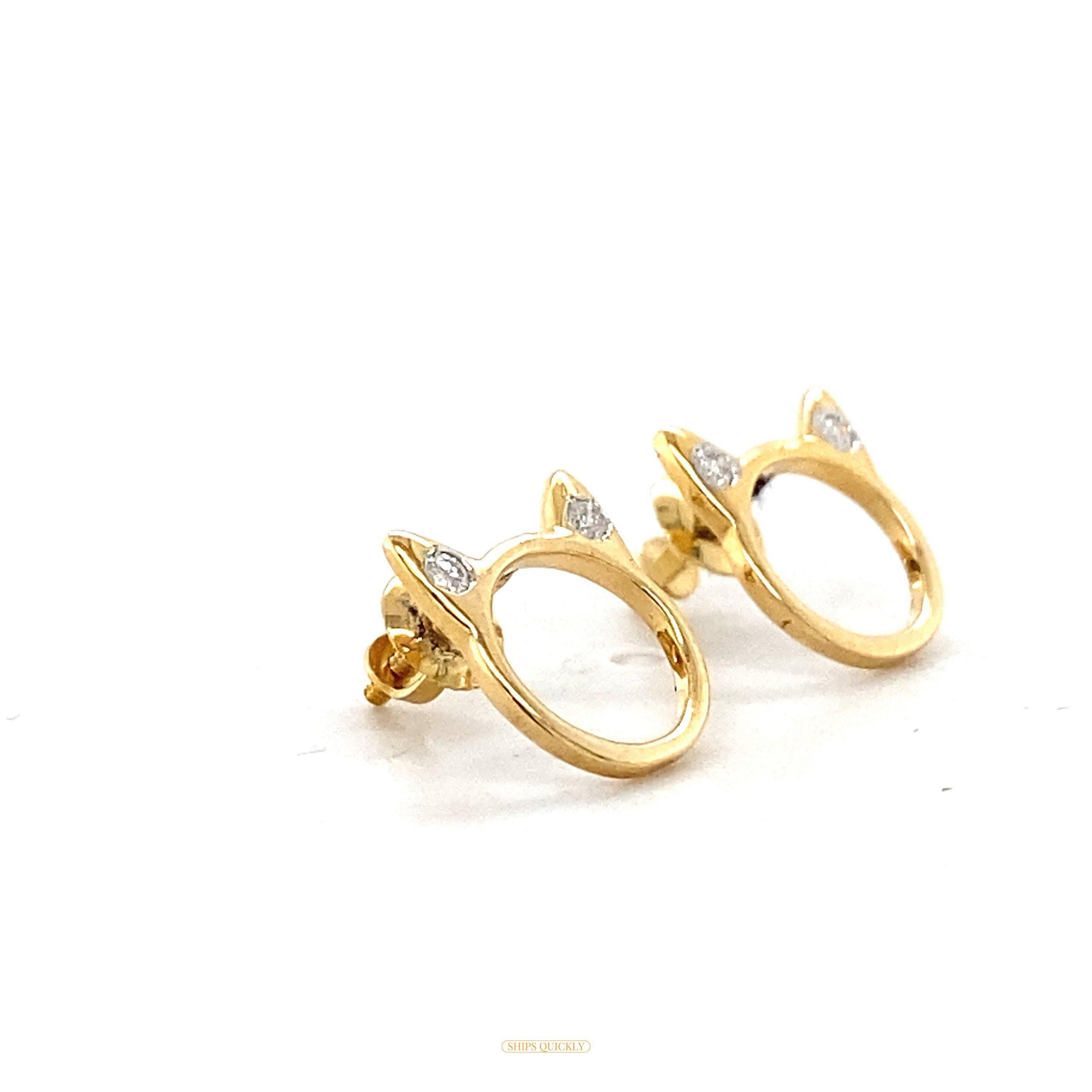 Donna Orecchini per bambini con orecchio di gatto e diamante in oro massiccio 14K (certificati) in vendita
