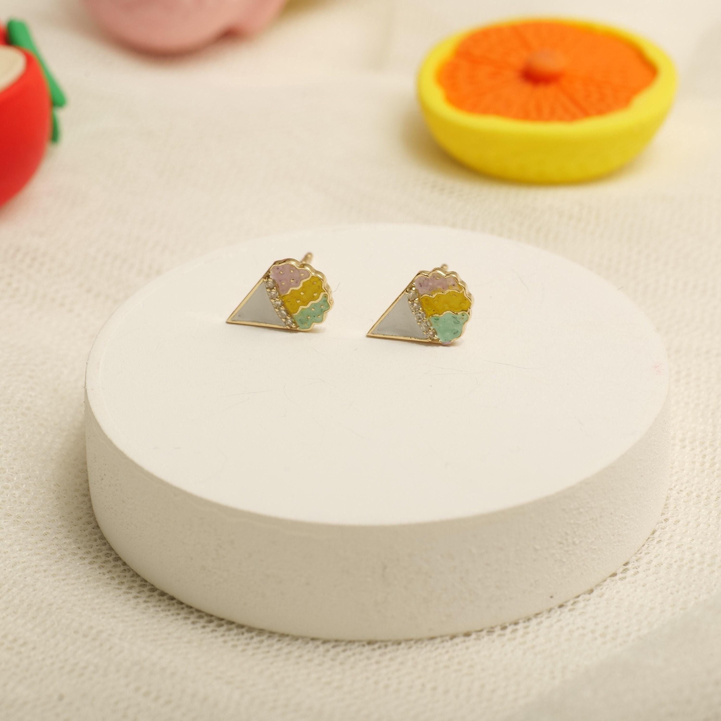 Art Deco Kids Cone Ice Cream Diamond Stud Earrings in 14k Solid Gold (Certified) For Sale