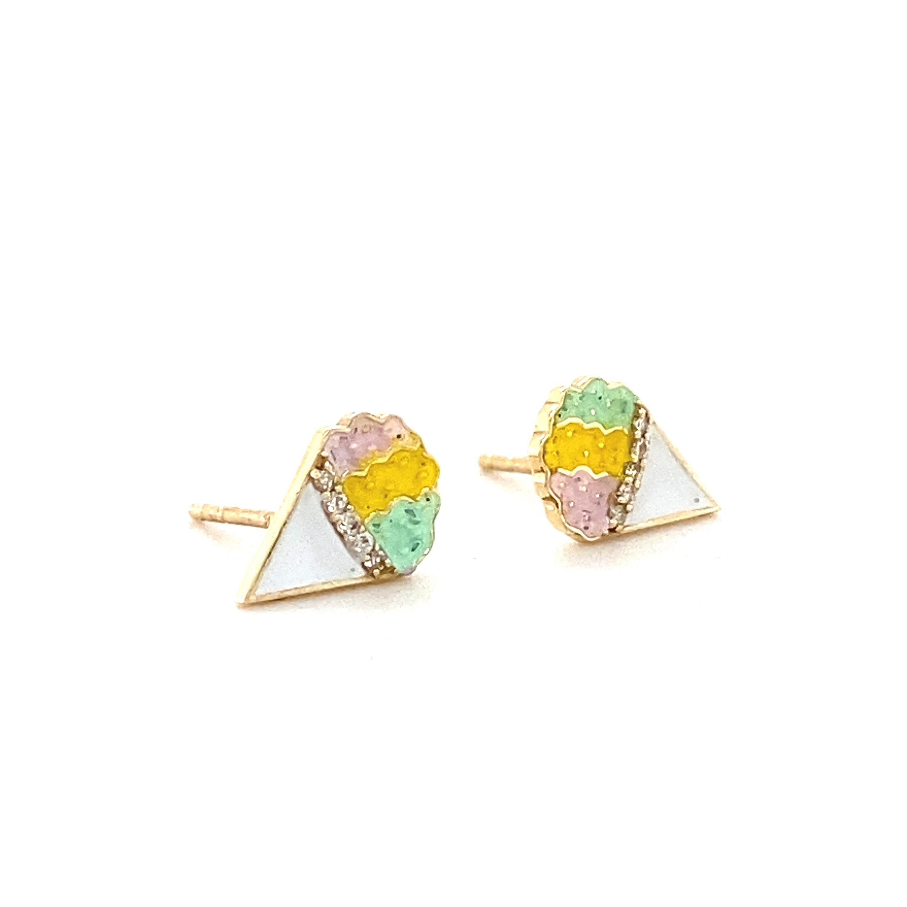 Round Cut Kids Cone Ice Cream Diamond Stud Earrings in 14k Solid Gold (Certified) For Sale