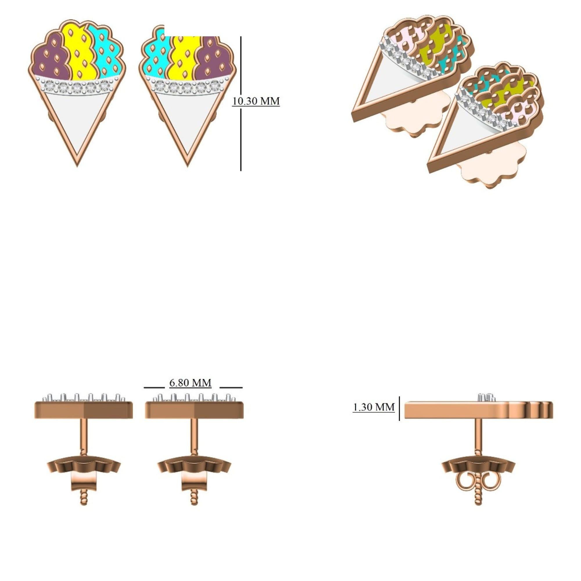 Kids Cone Ice Cream Diamond Stud Earrings in 14k Solid Gold (Certified) In New Condition For Sale In New Delhi, DL