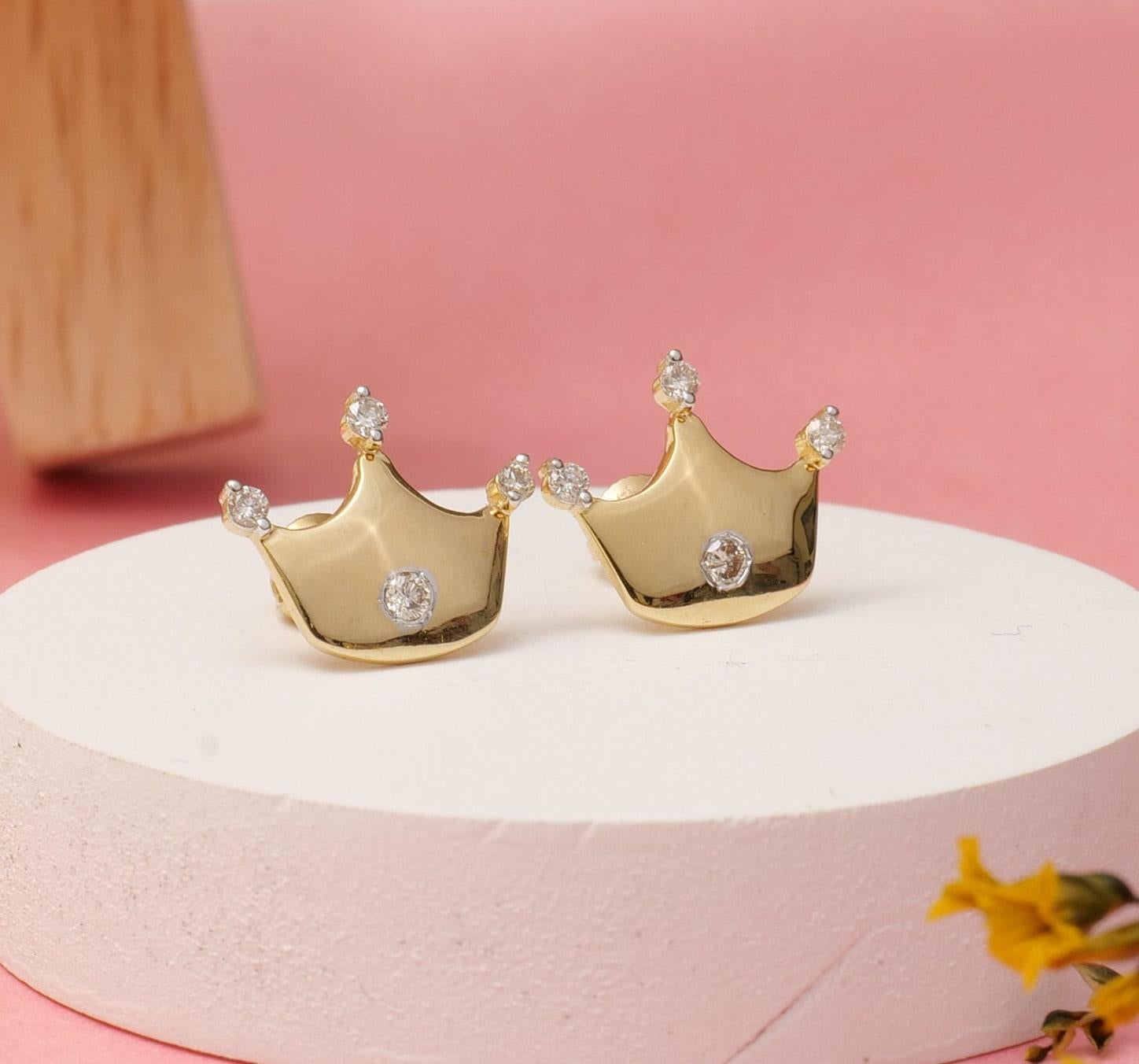 Art Déco Orecchini con diamanti a corona per bambini in oro massiccio 14K (certificati) in vendita