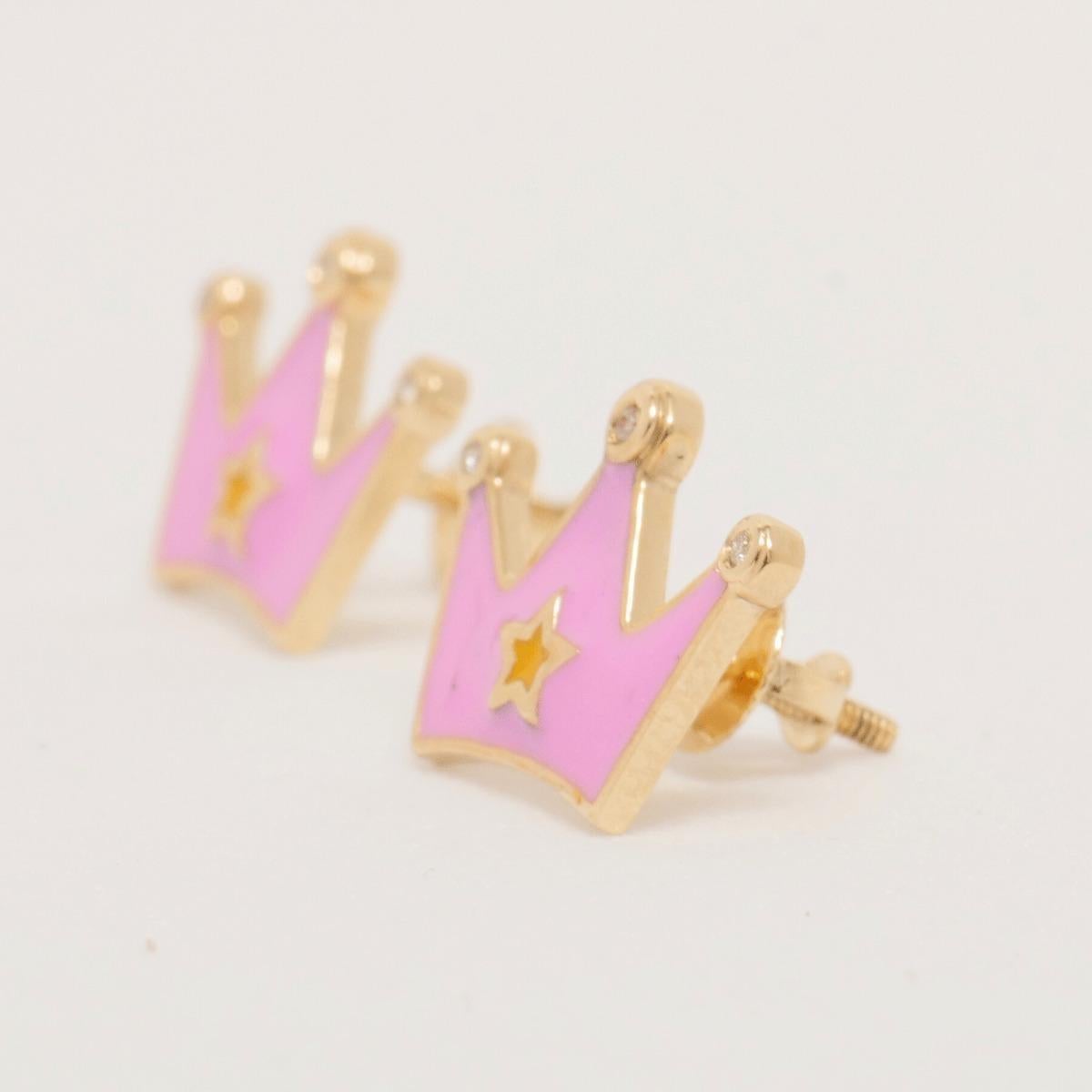 Art Deco Kids Crown Diamond Stud Earrings in 14k Solid Gold (Certified) For Sale
