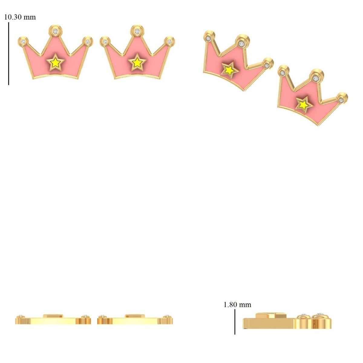 Women's Kids Crown Diamond Stud Earrings in 14k Solid Gold (Certified) For Sale