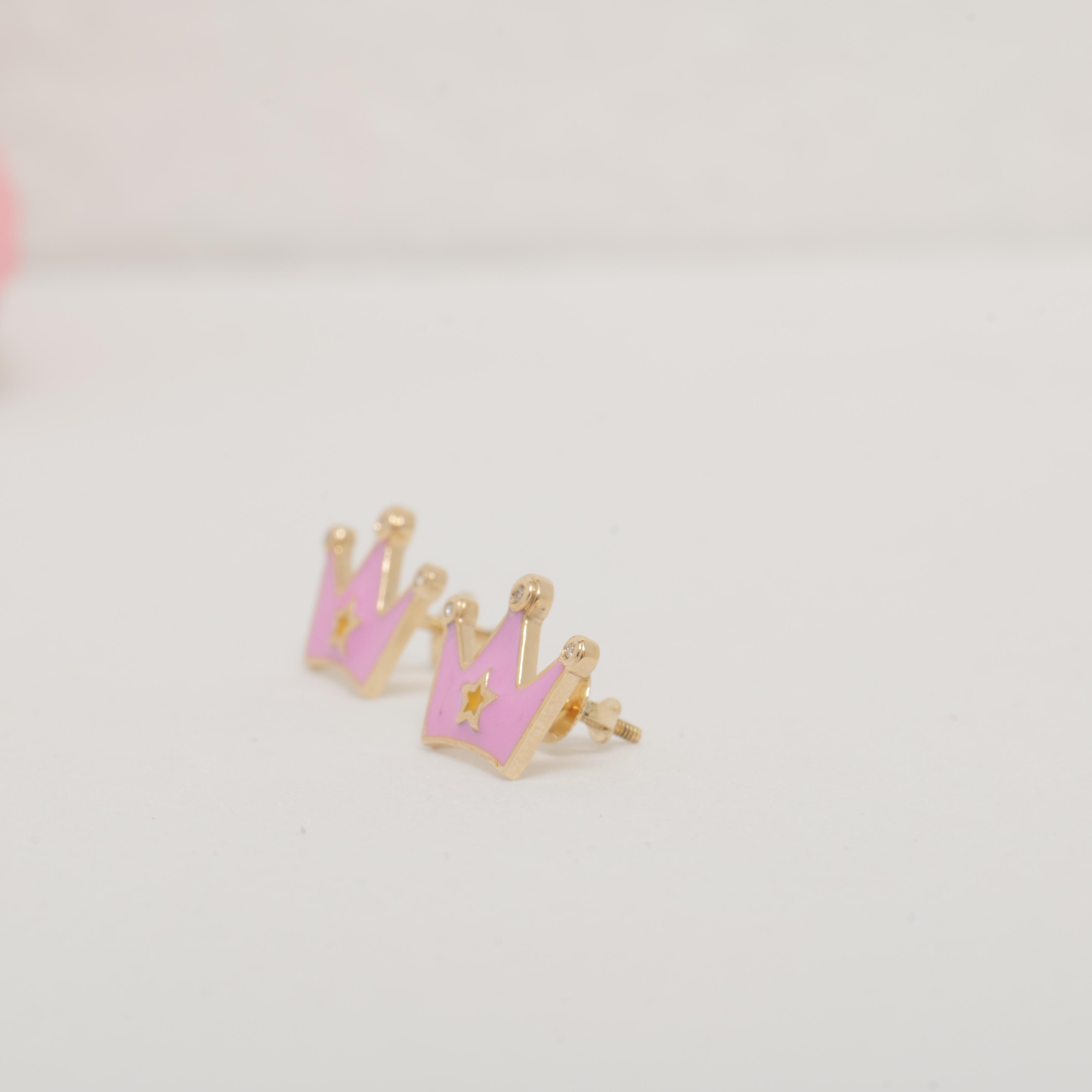 Kids Crown Diamond Stud Earrings in 14k Solid Gold (Certified) For Sale 2