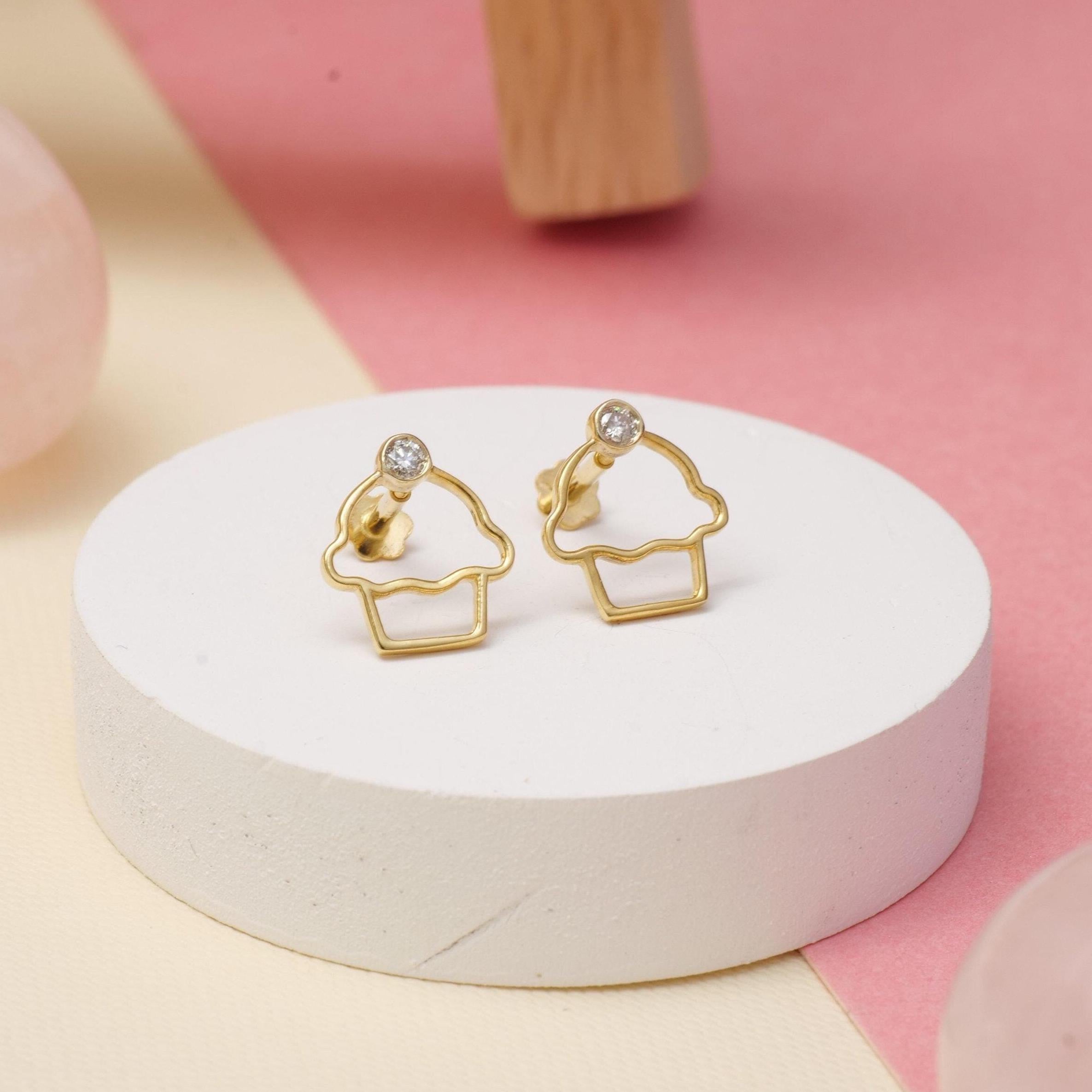 Art déco Boucles d'oreilles cupcake en or massif 14K (certifié) en vente