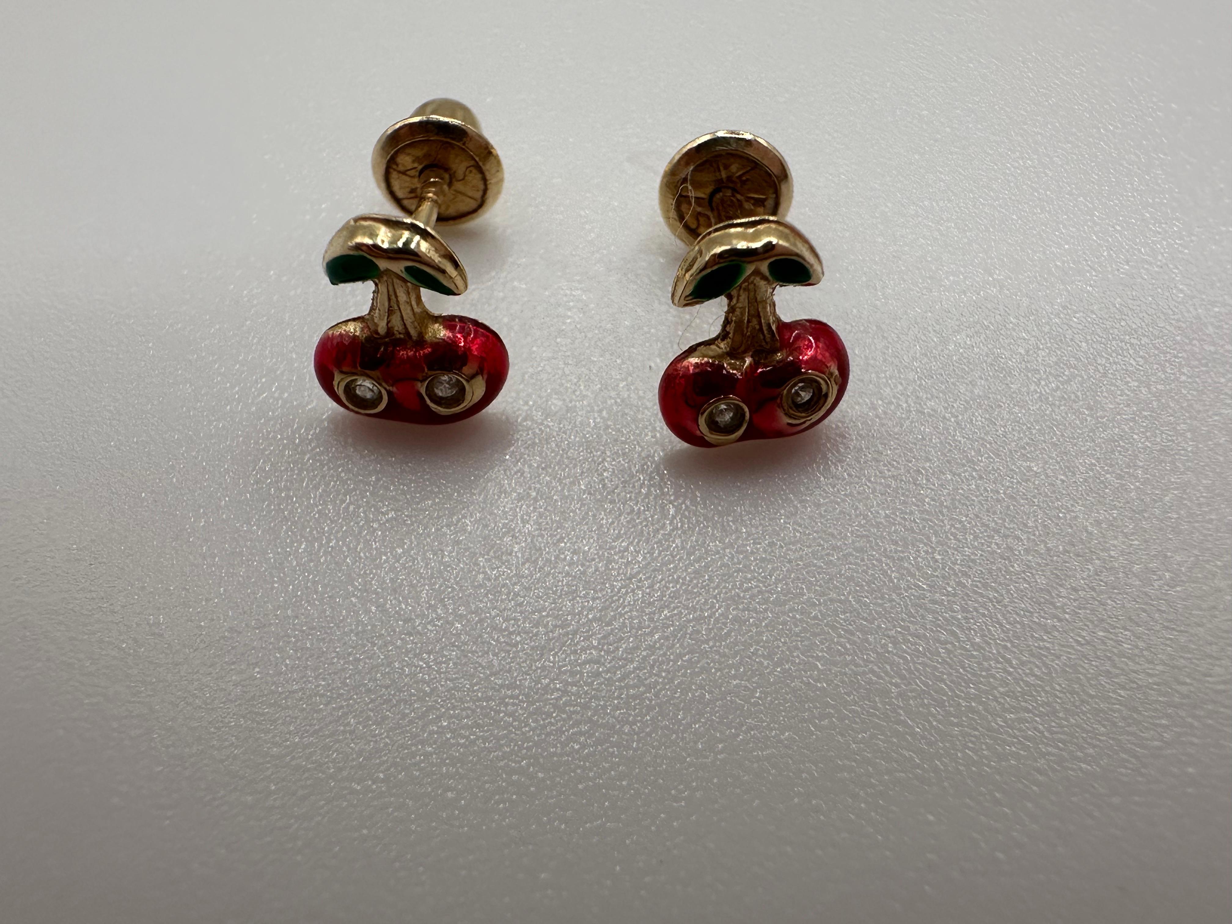 Round Cut Kids Diamond earrings cherry earrings 14KT gold For Sale