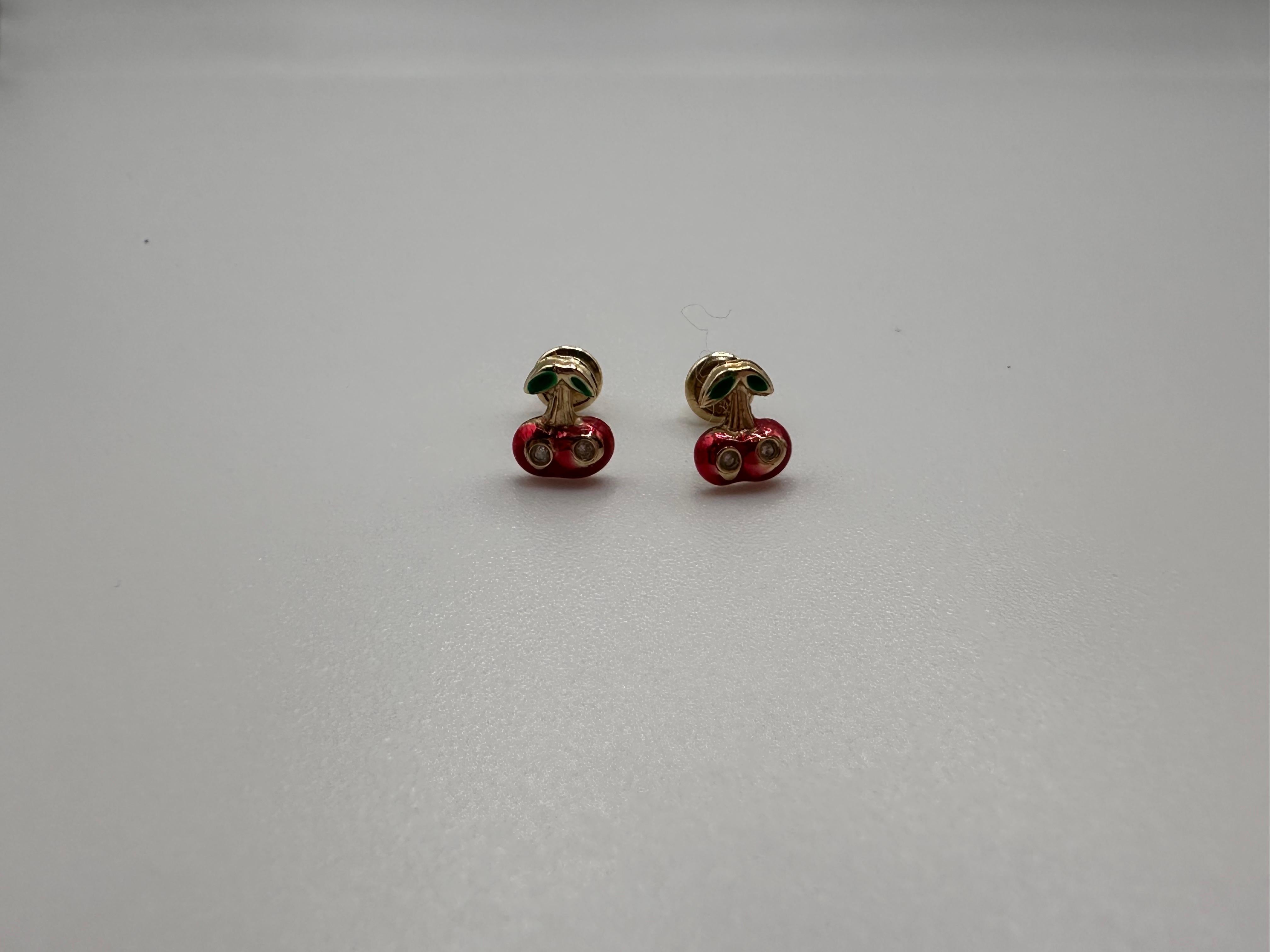 Women's or Men's Kids Diamond earrings cherry earrings 14KT gold For Sale