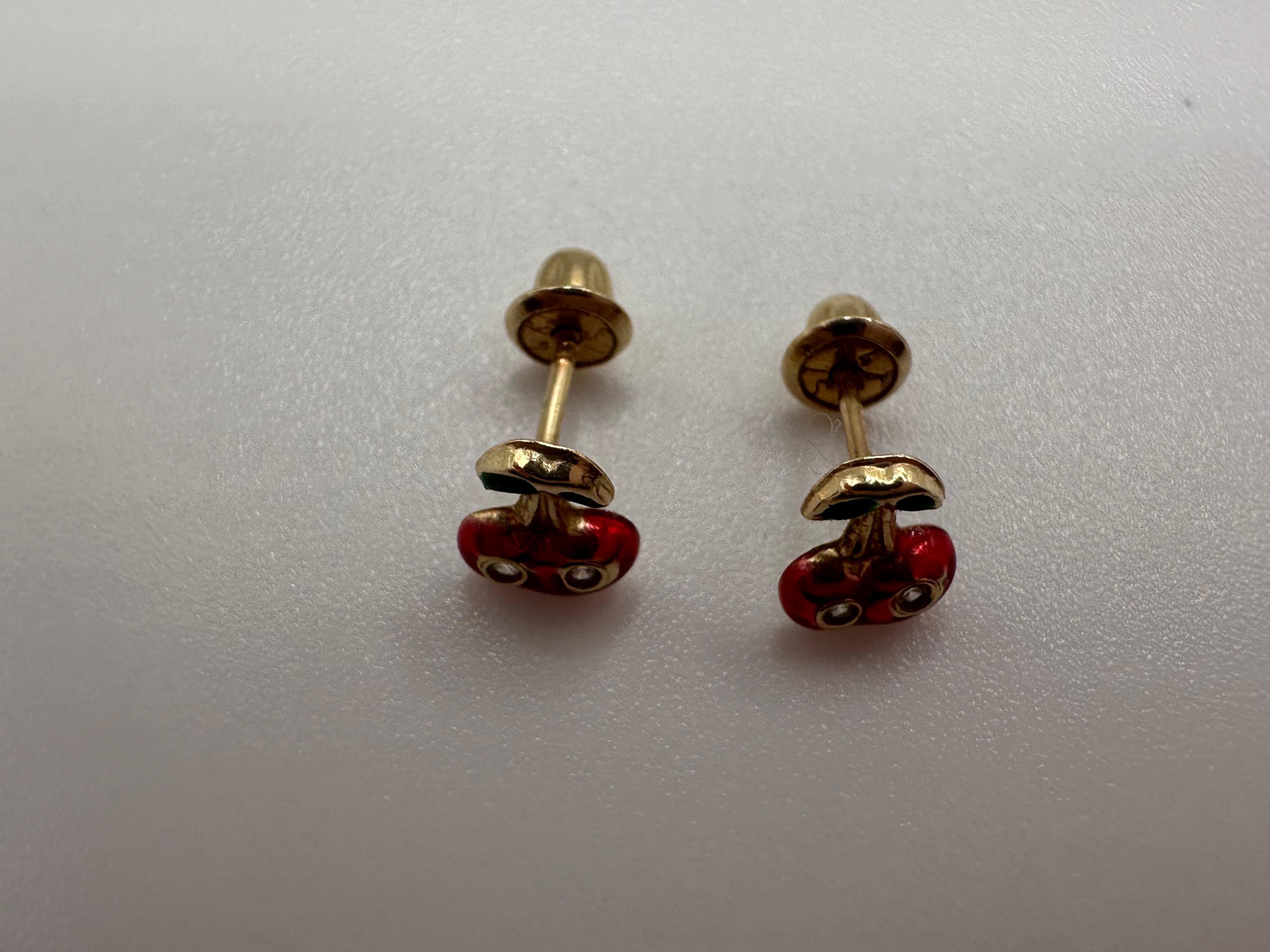 Kids Diamond earrings cherry earrings 14KT gold For Sale 1
