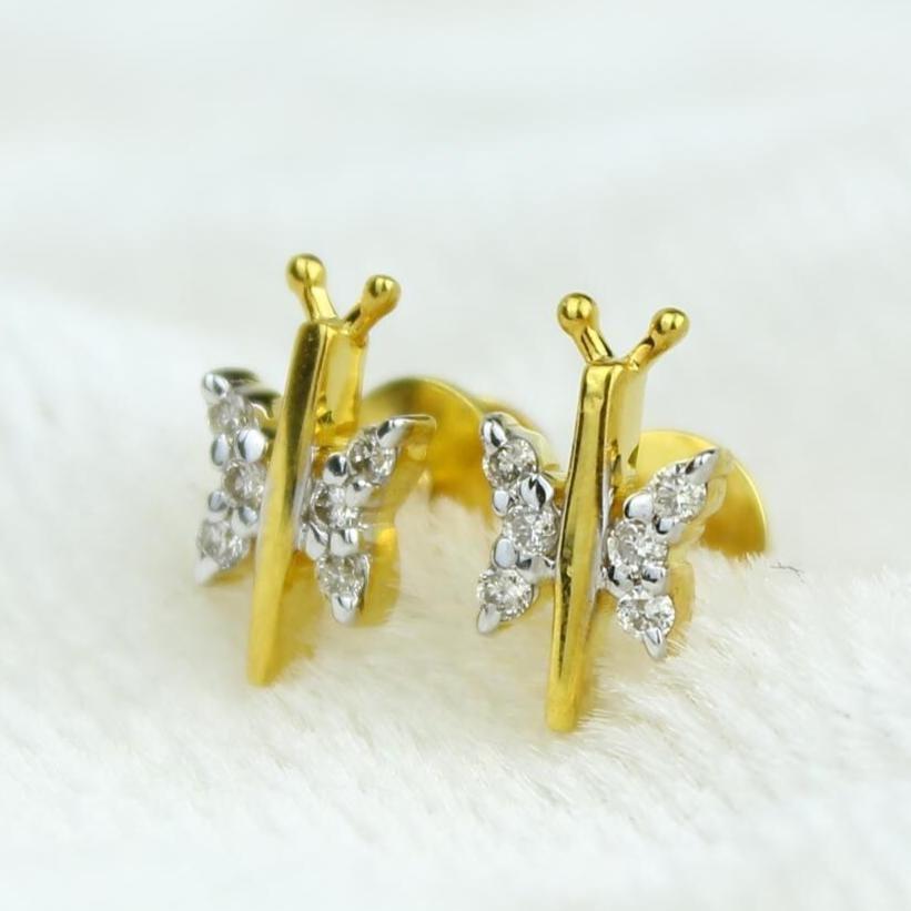Donna Kids Dragonfly Diamond Stud Earrings in 14k Solid Gold (Certified) in vendita