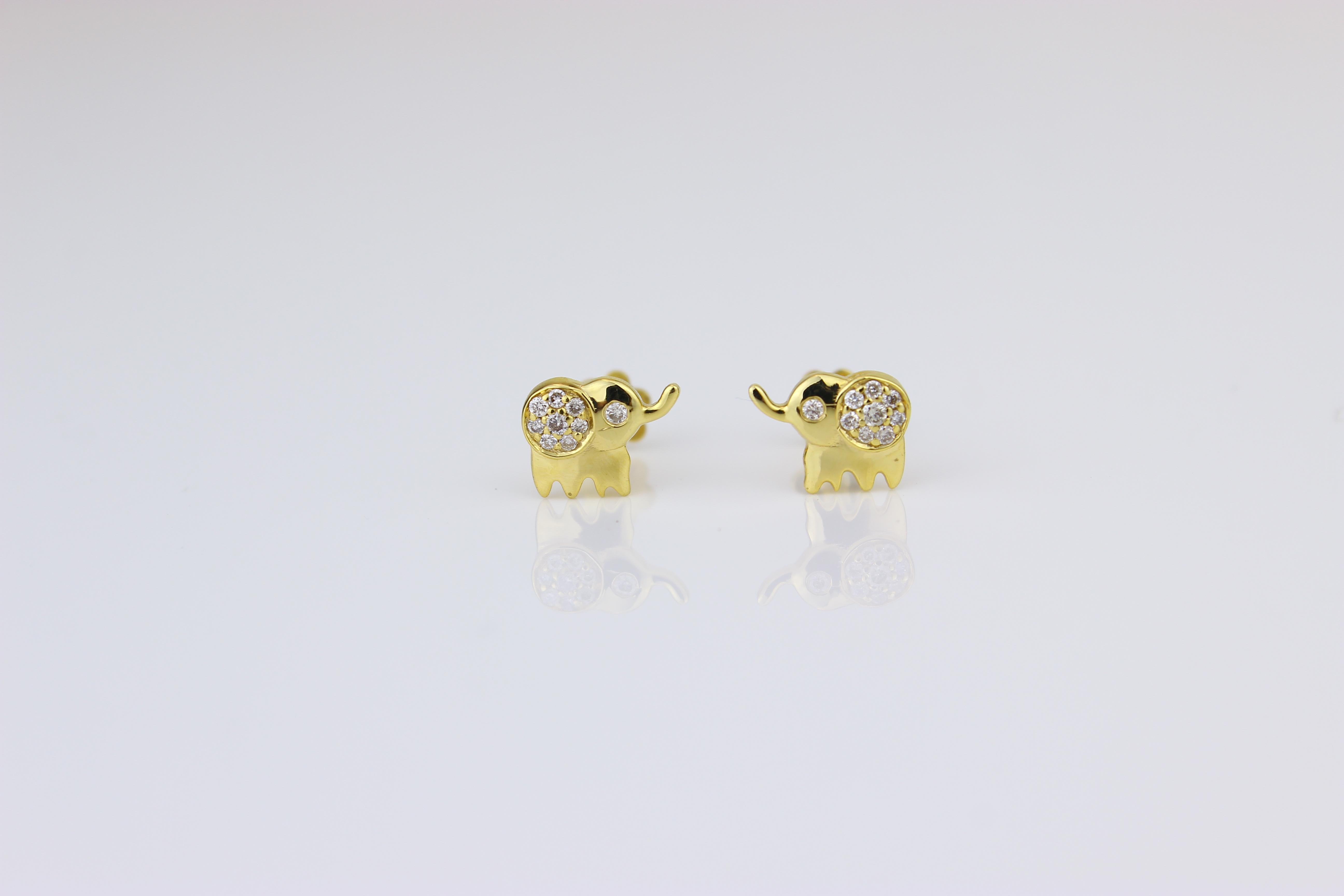Kids Elephant Diamond Stud Earrings in 14k Solid Gold (Certified) For Sale 2