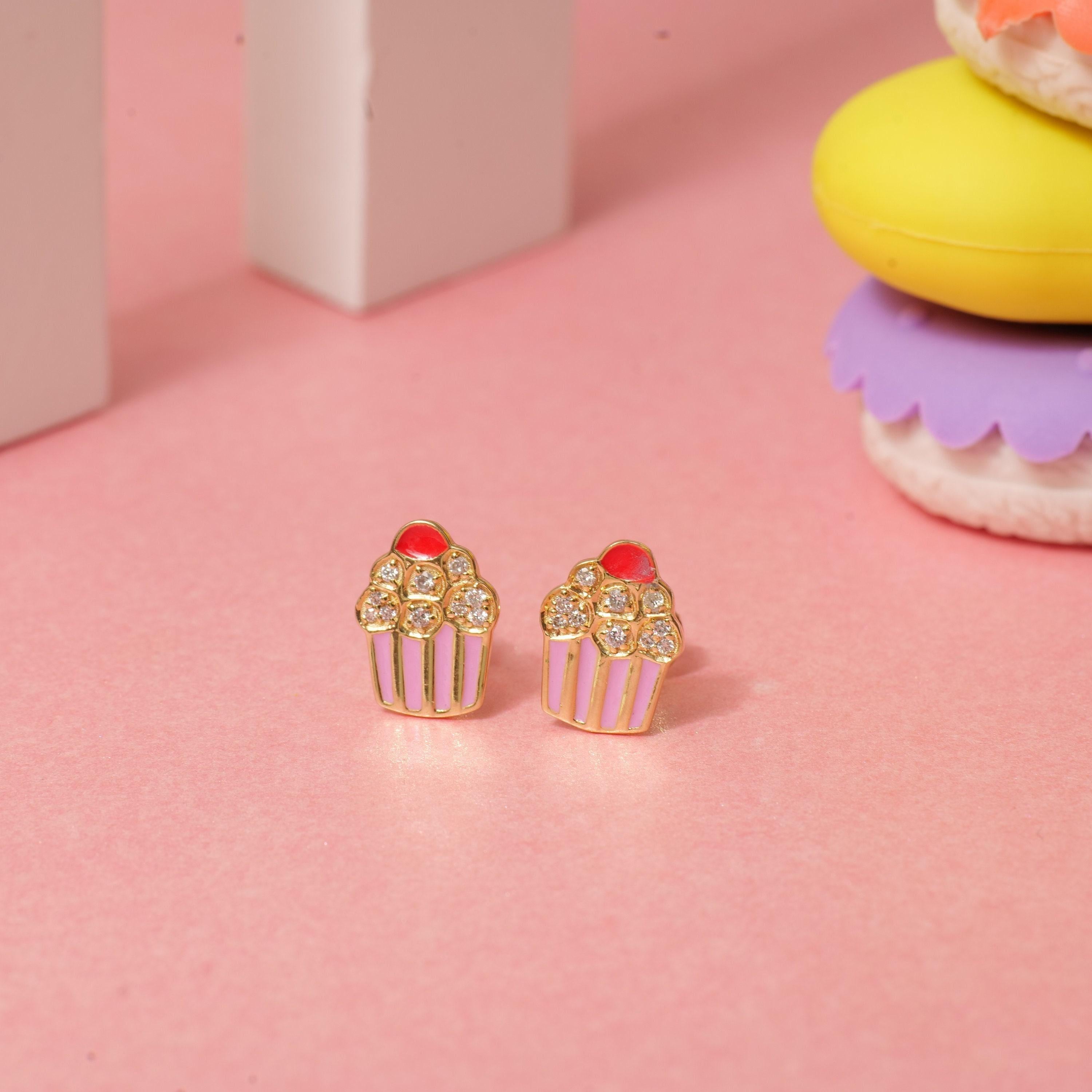 Art déco Kids Enameled Cupcake Diamond Stud Earrings in 14K Solid Gold (Certified) en vente