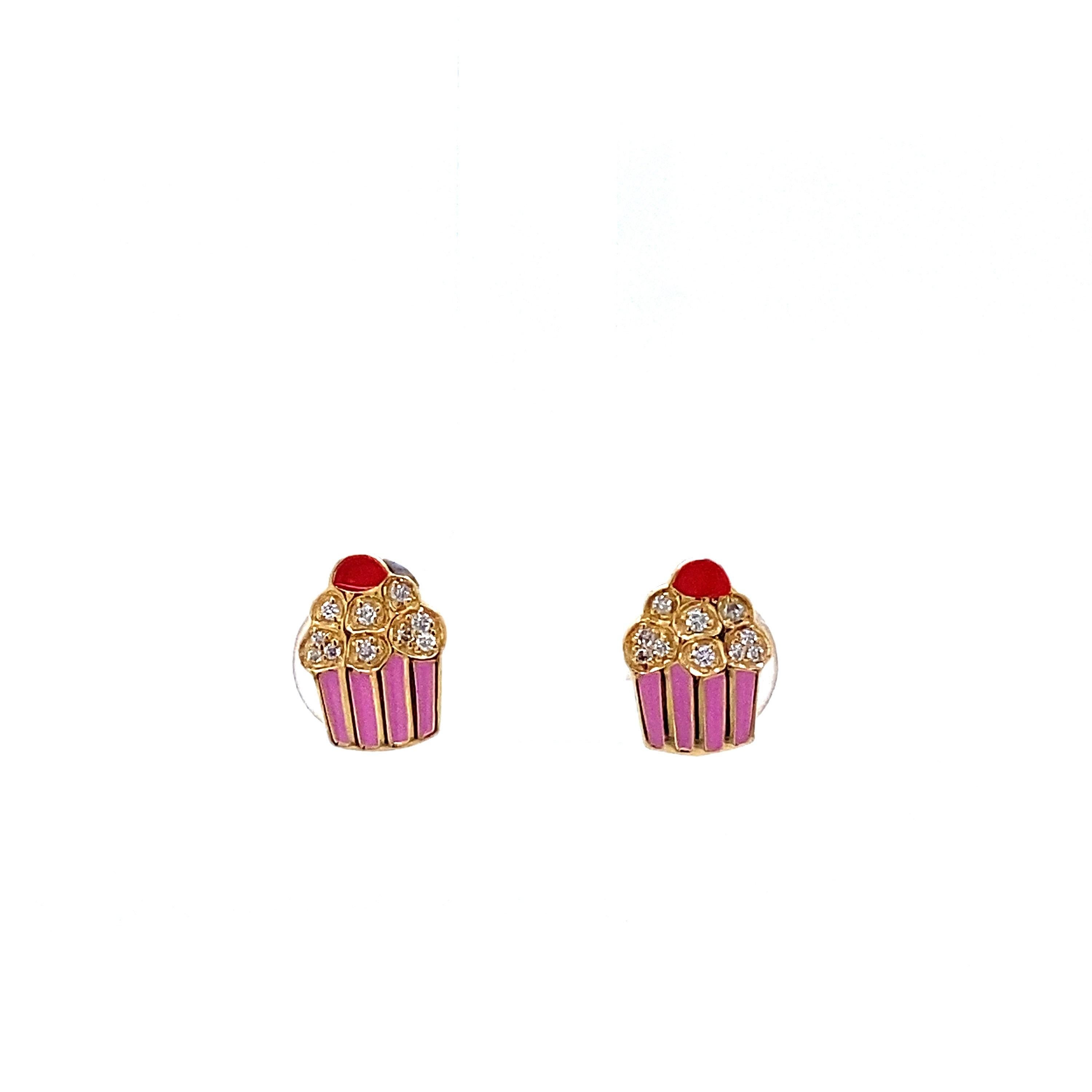 Kids Enameled Cupcake Diamond Stud Earrings in 14K Solid Gold (Certified) Neuf - En vente à New Delhi, DL