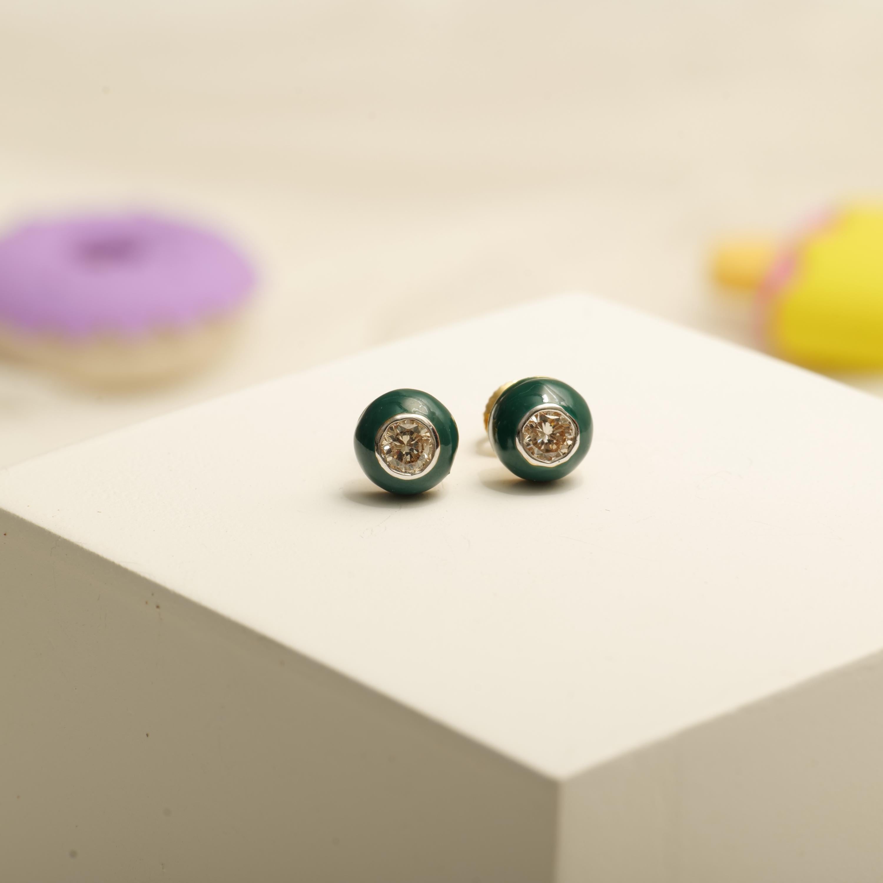 Art Deco Kids Enameled Diamond Stud Earrings in 14k Solid Gold (Certified) For Sale