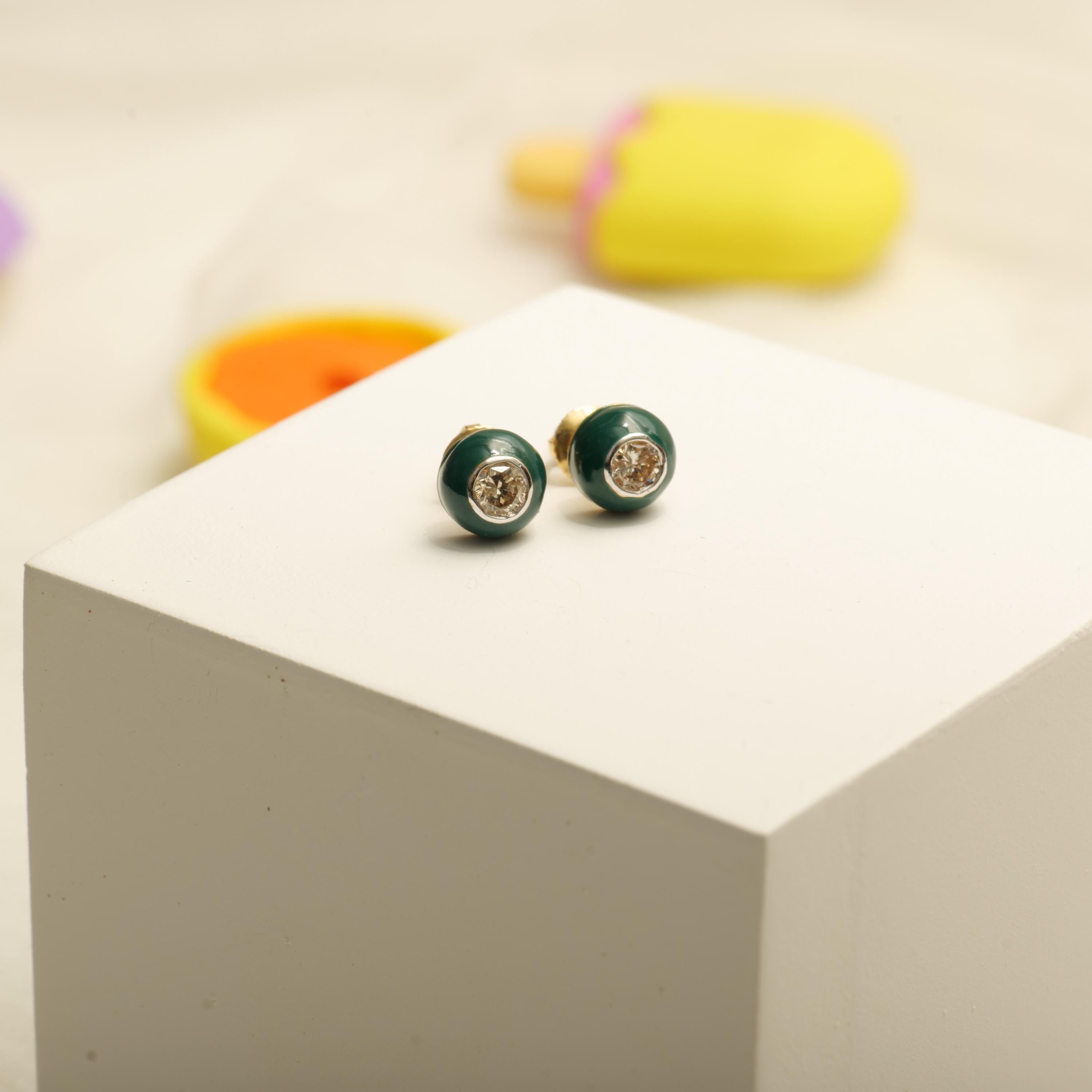 Round Cut Kids Enameled Diamond Stud Earrings in 14k Solid Gold (Certified) For Sale