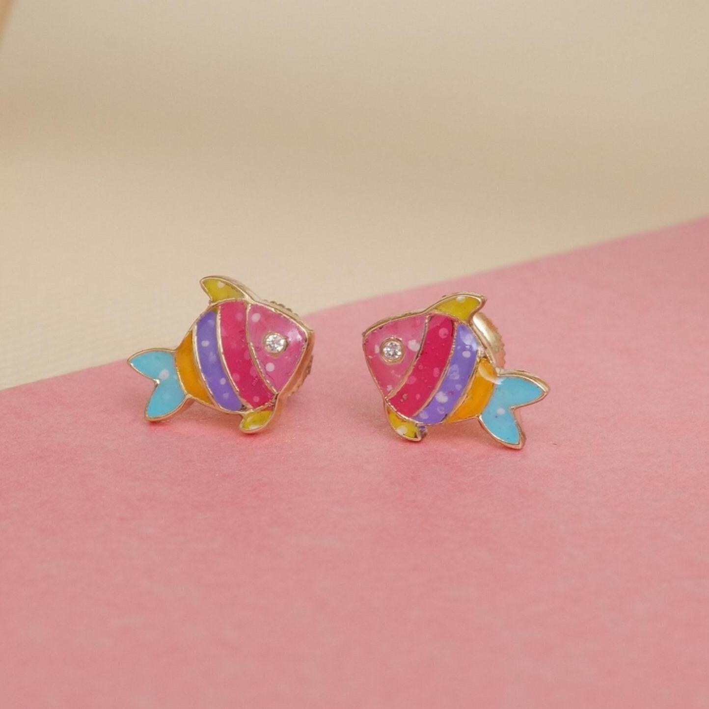 Art Deco Kids Fish Diamond Stud Earrings in 14k Solid Gold (Certified) For Sale