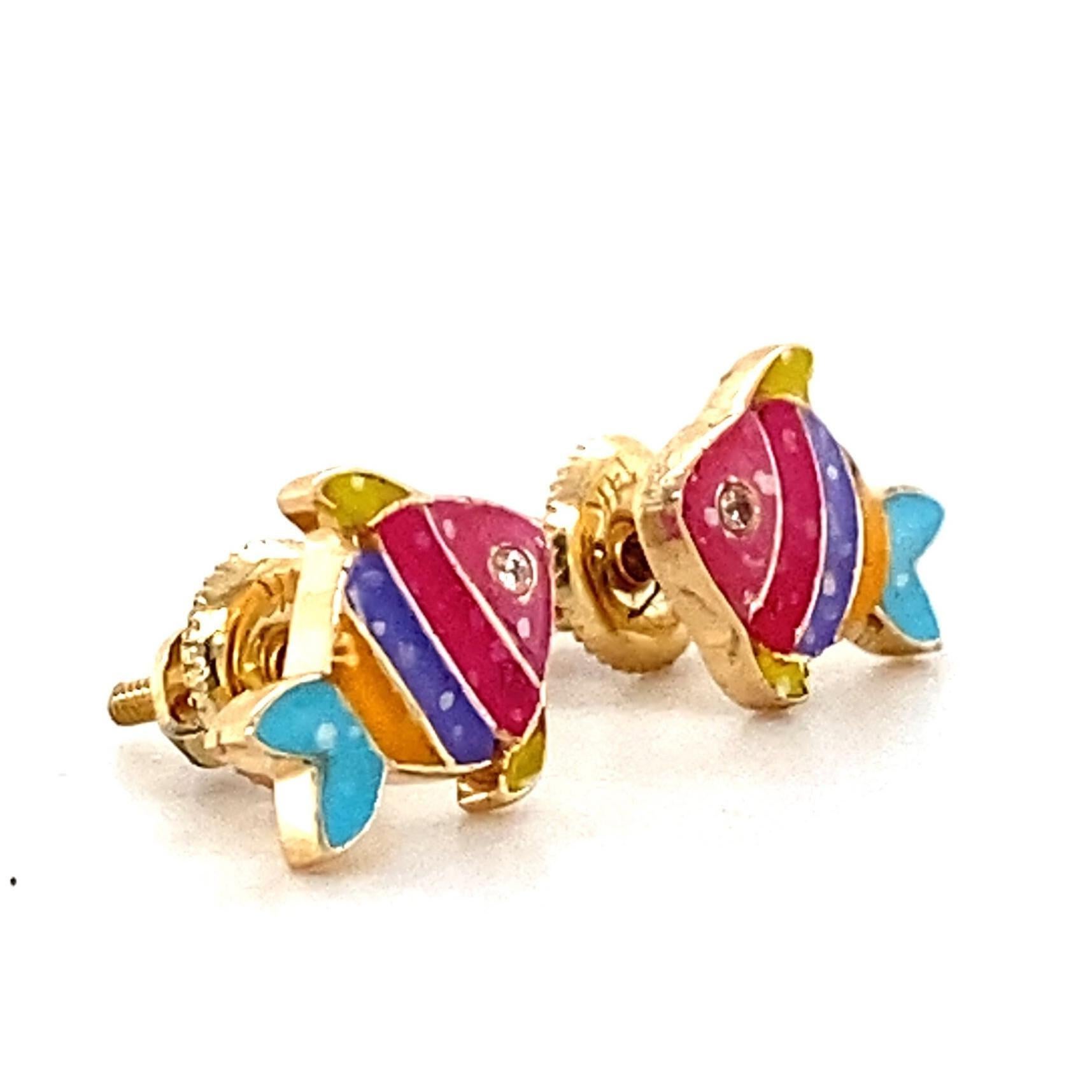 Round Cut Kids Fish Diamond Stud Earrings in 14k Solid Gold (Certified) For Sale
