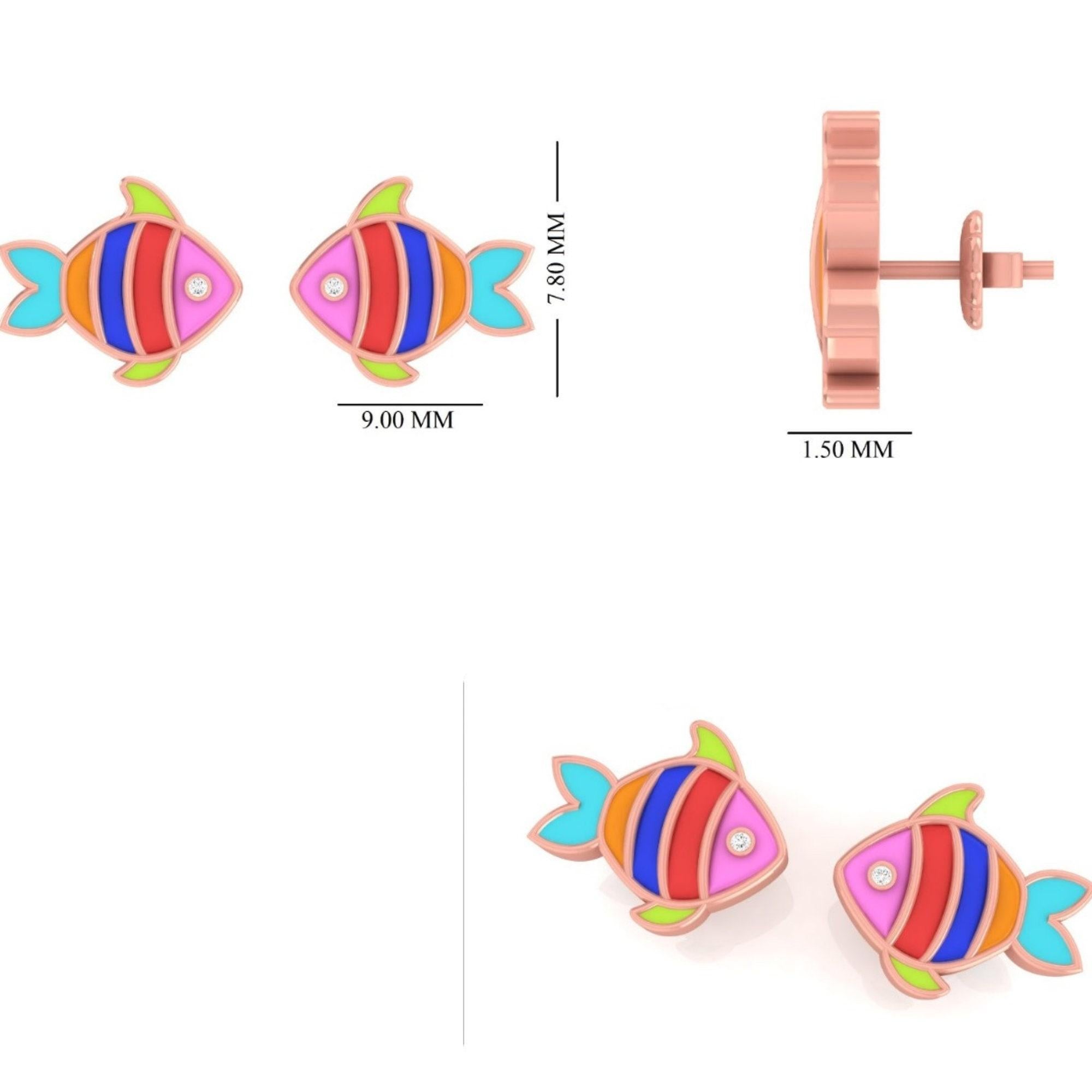 Women's Kids Fish Diamond Stud Earrings in 14k Solid Gold (Certified) For Sale