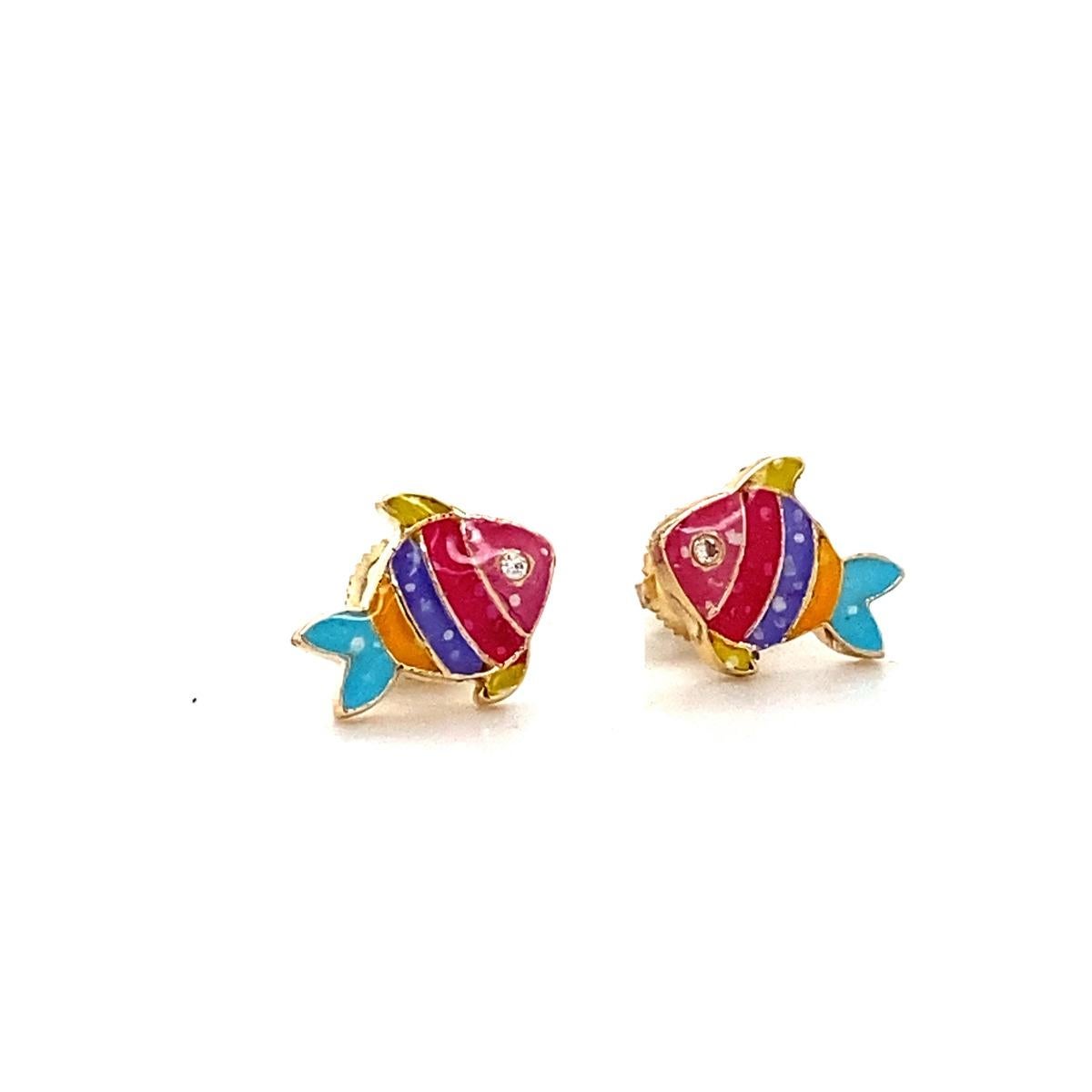 Kids Fish Diamond Stud Earrings in 14k Solid Gold (Certified) For Sale 2