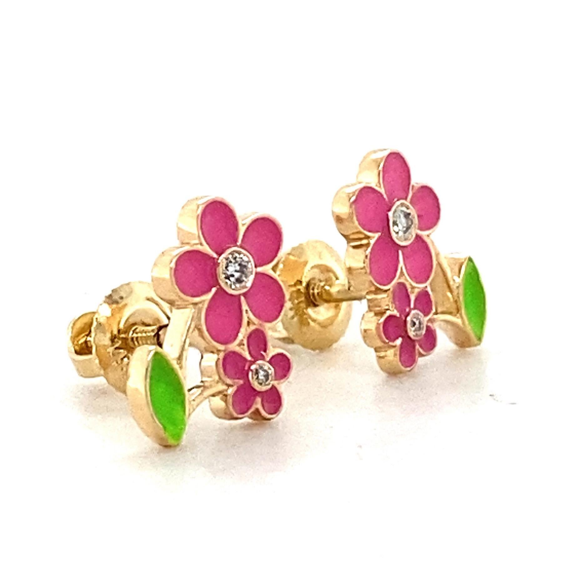 Kinder Blumenblatt-Diamant-Ohrstecker aus 14k massivem Gold (zertifiziert) (Rundschliff) im Angebot