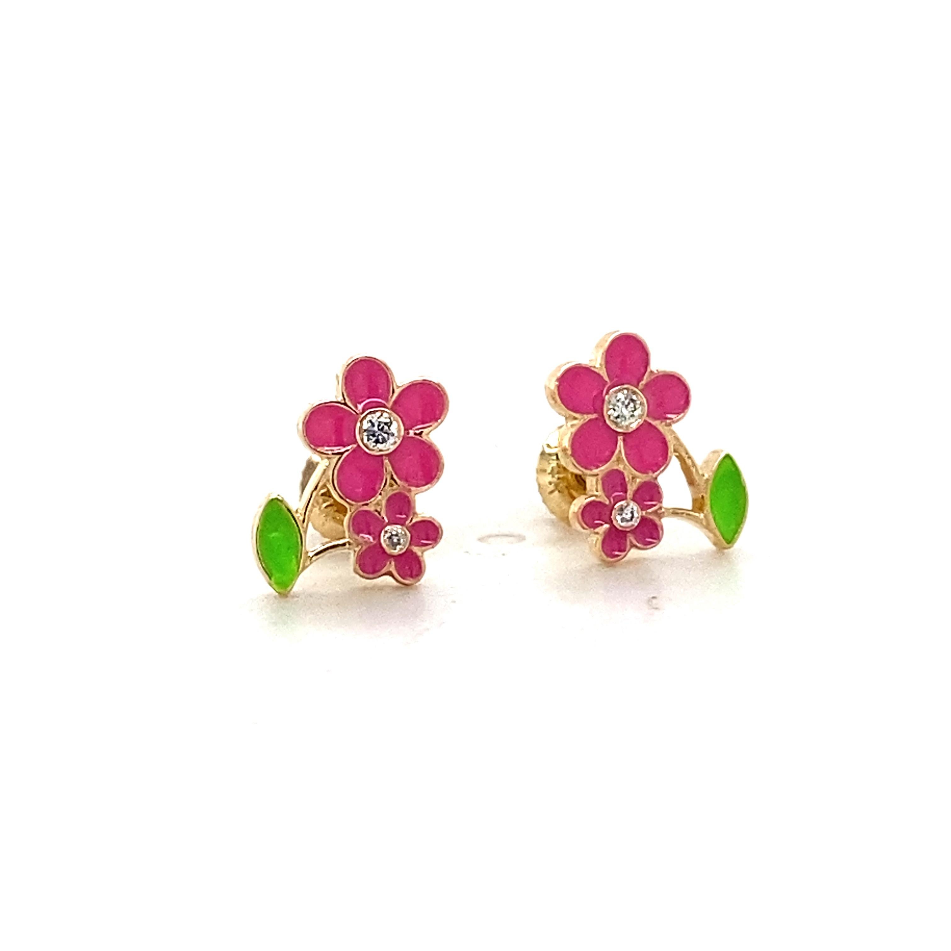 Kinder Blumenblatt-Diamant-Ohrstecker aus 14k massivem Gold (zertifiziert) im Angebot 2