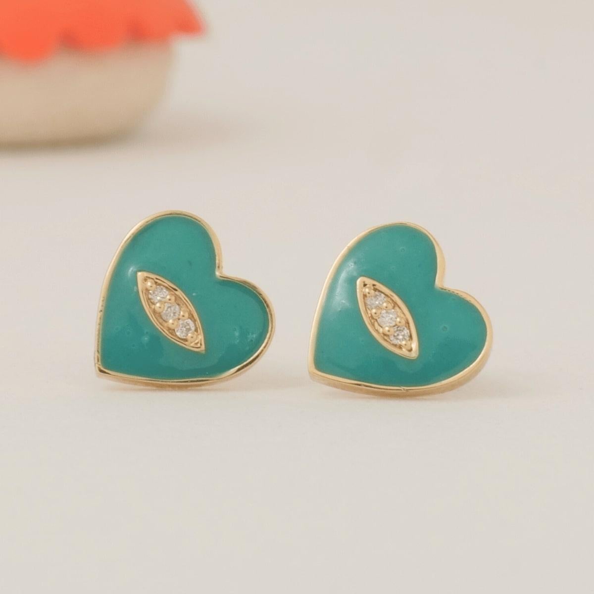 Art Deco Kids Heart Diamond Earrings in 14k Solid Gold (Certified) For Sale