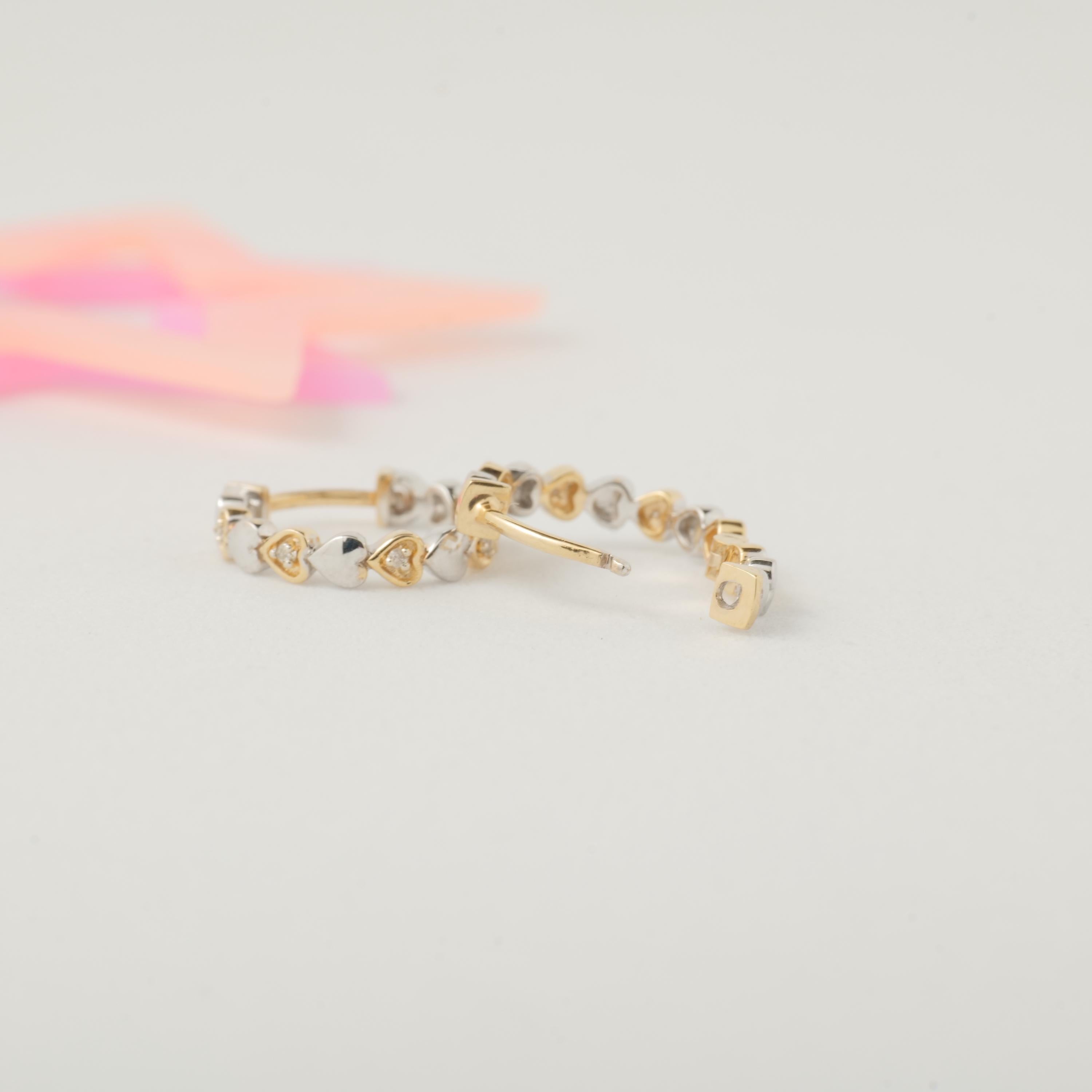 Art Deco Kids Heart Diamond Hoops in 14K Solid Gold (Certified) For Sale