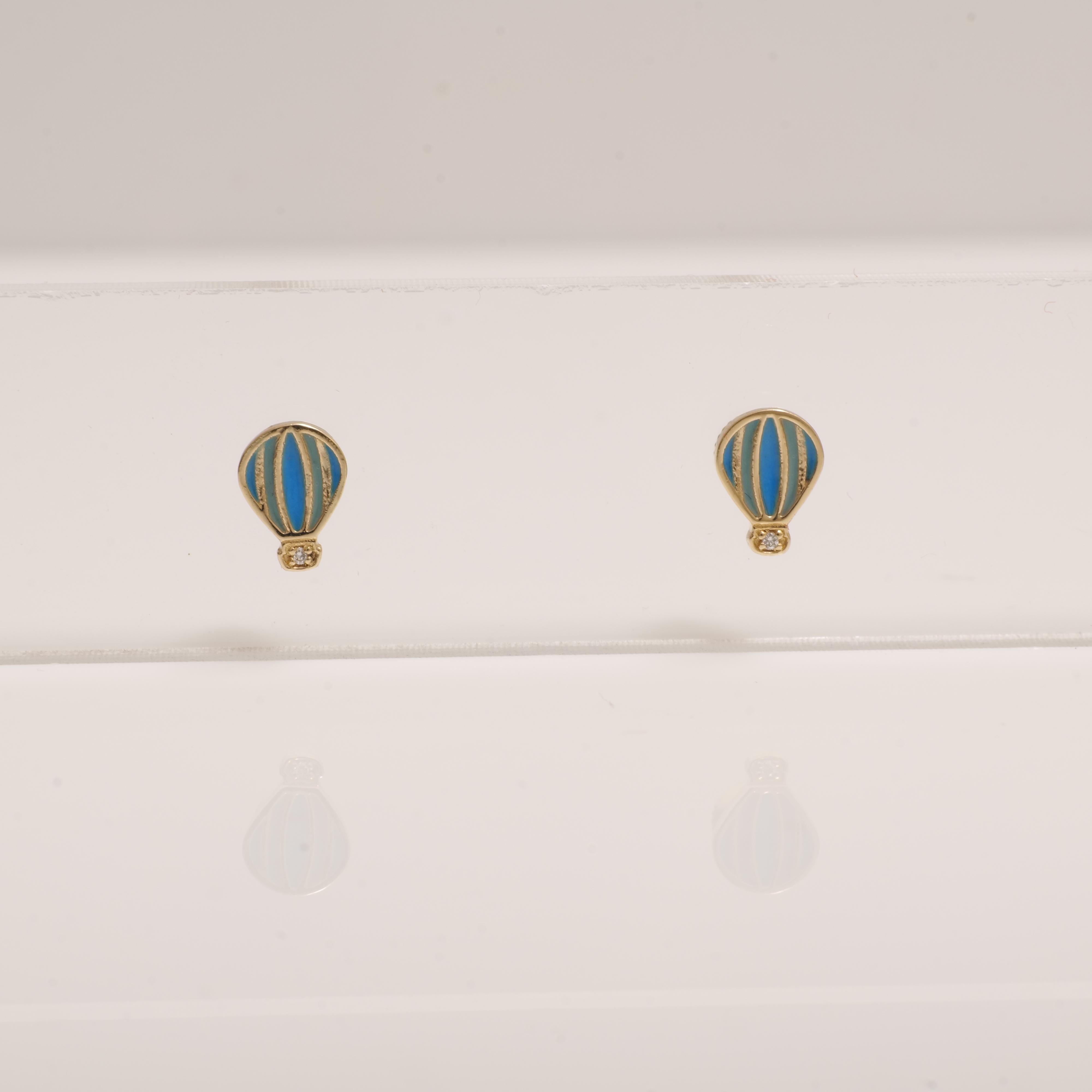 Donna Orecchini con diamanti a forma di mongolfiera per bambini in oro massiccio 14K (certificati) in vendita