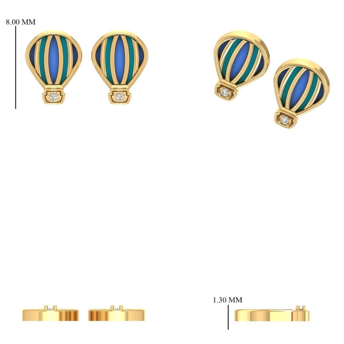 Orecchini con diamanti a forma di mongolfiera per bambini in oro massiccio 14K (certificati) in vendita 2