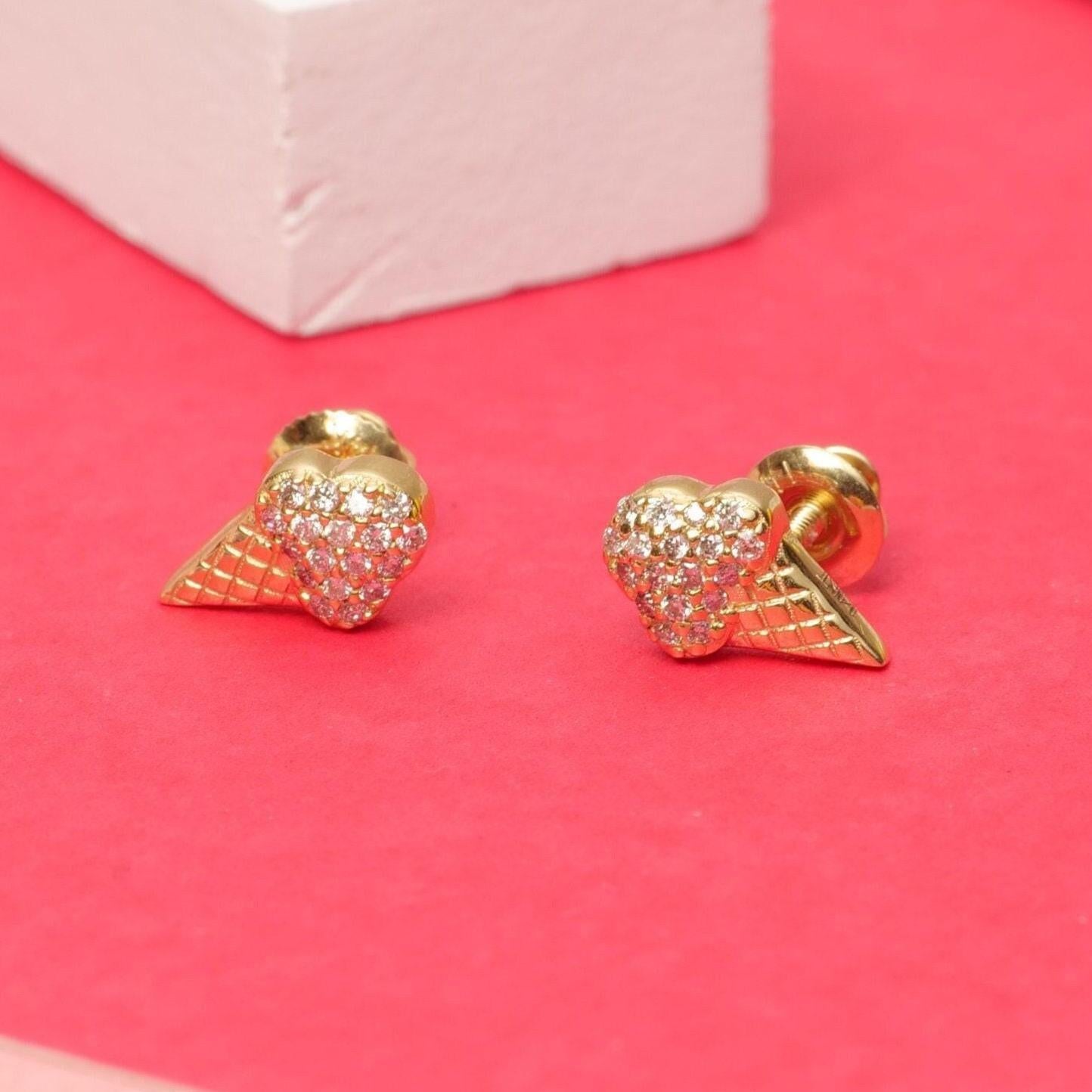 Art Deco Kids Ice Cream Cone Diamond Stud Earrings in 14K Solid Gold (Certified) For Sale