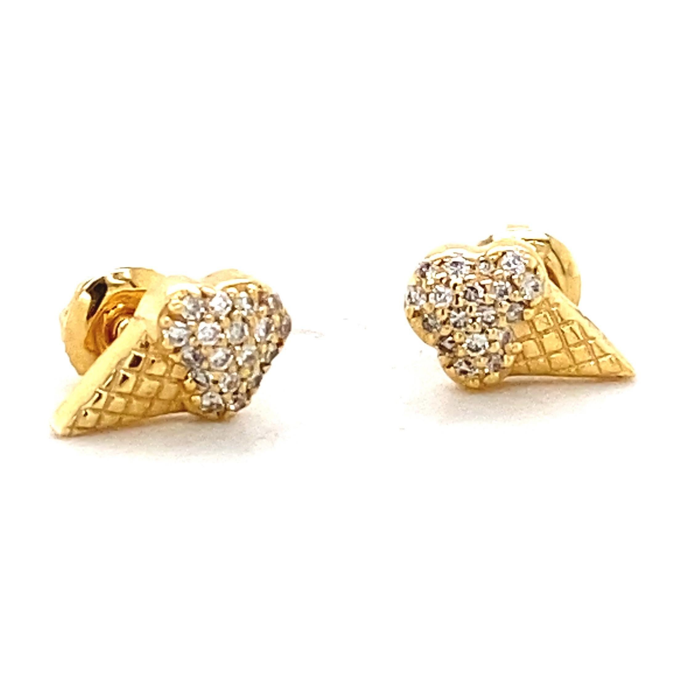 Round Cut Kids Ice Cream Cone Diamond Stud Earrings in 14K Solid Gold (Certified) For Sale