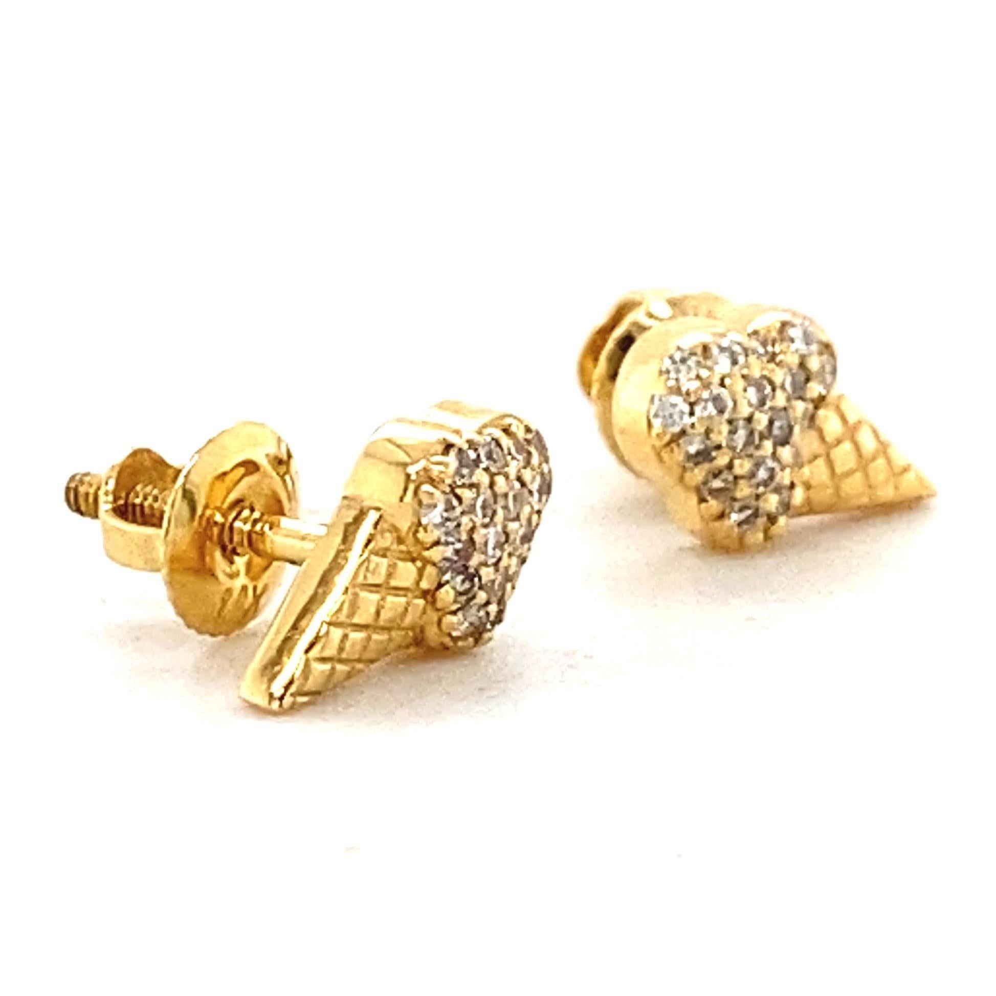 Kids Ice Cream Cone Diamond Stud Earrings in 14K Solid Gold (Certified) In New Condition For Sale In New Delhi, DL