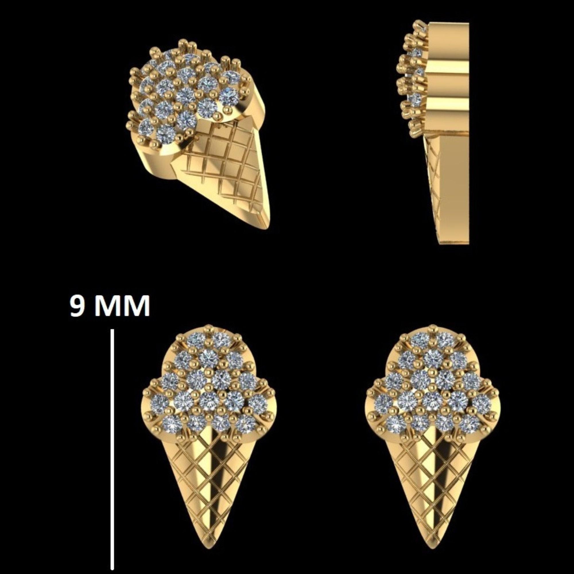 Women's Kids Ice Cream Cone Diamond Stud Earrings in 14K Solid Gold (Certified) For Sale