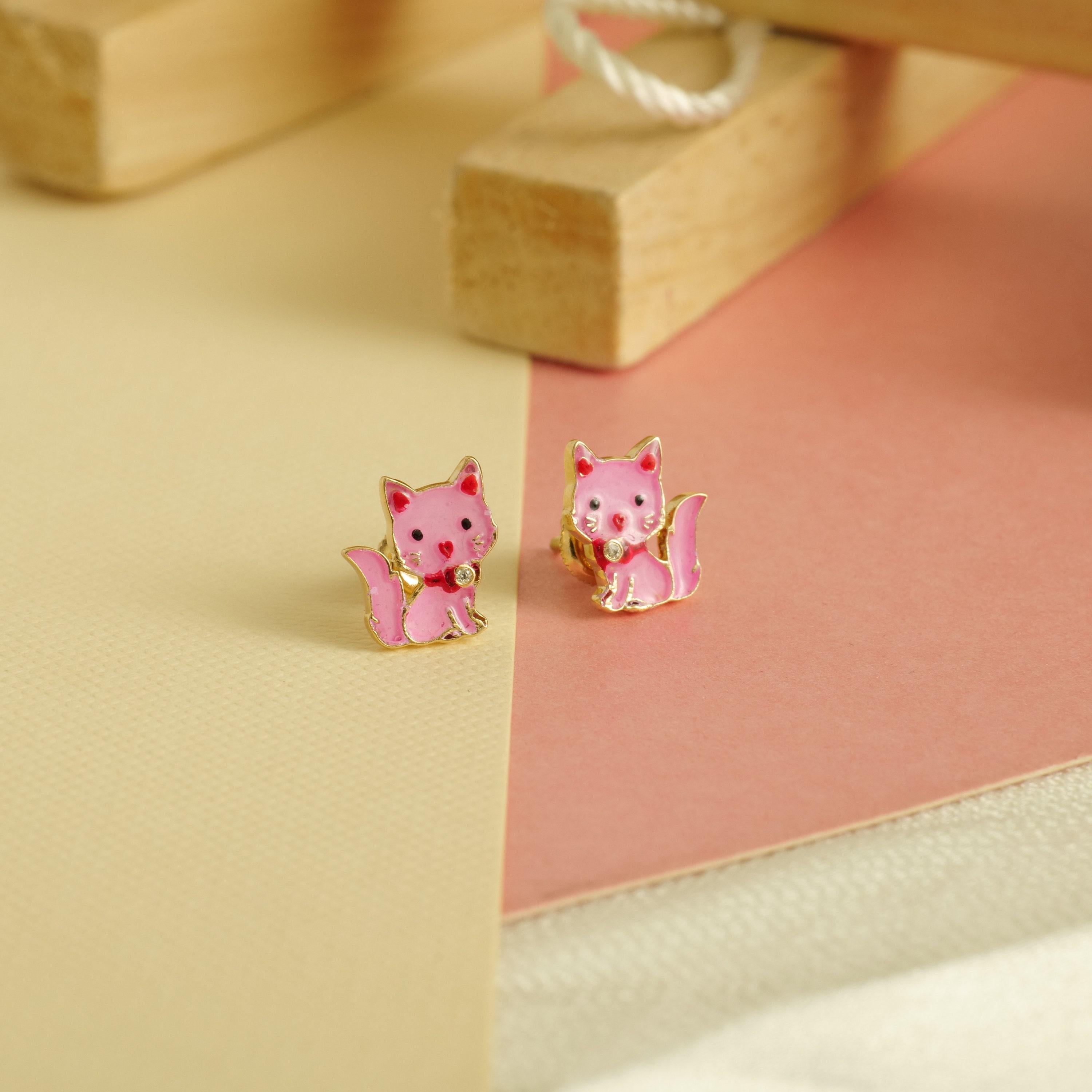 Taglio rotondo Orecchini con diamante Kitty in oro massiccio 14k (certificati) in vendita