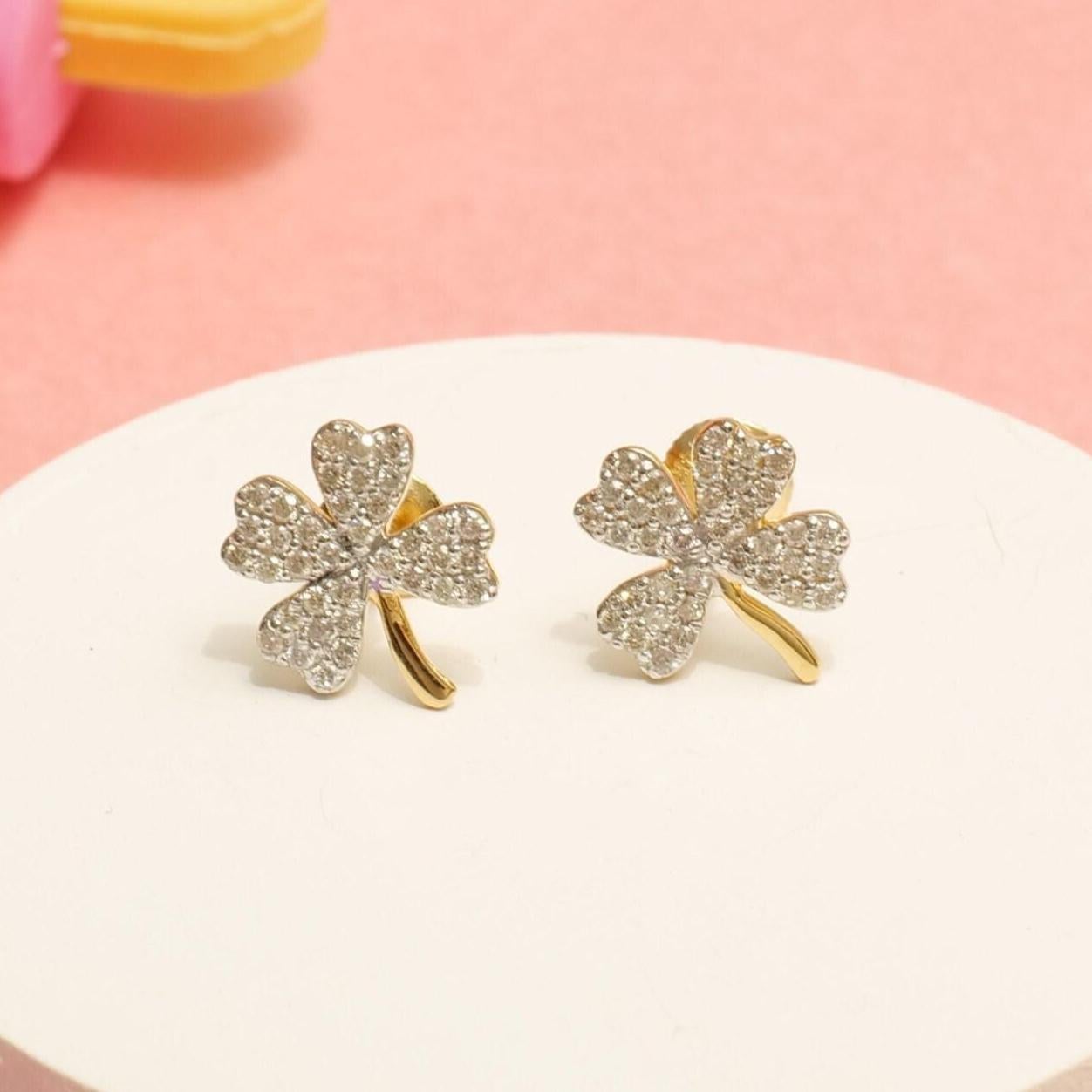 Art Deco Kids Leaf Clover Diamond Stud Earrings in 14k Solid Gold (Certified) For Sale