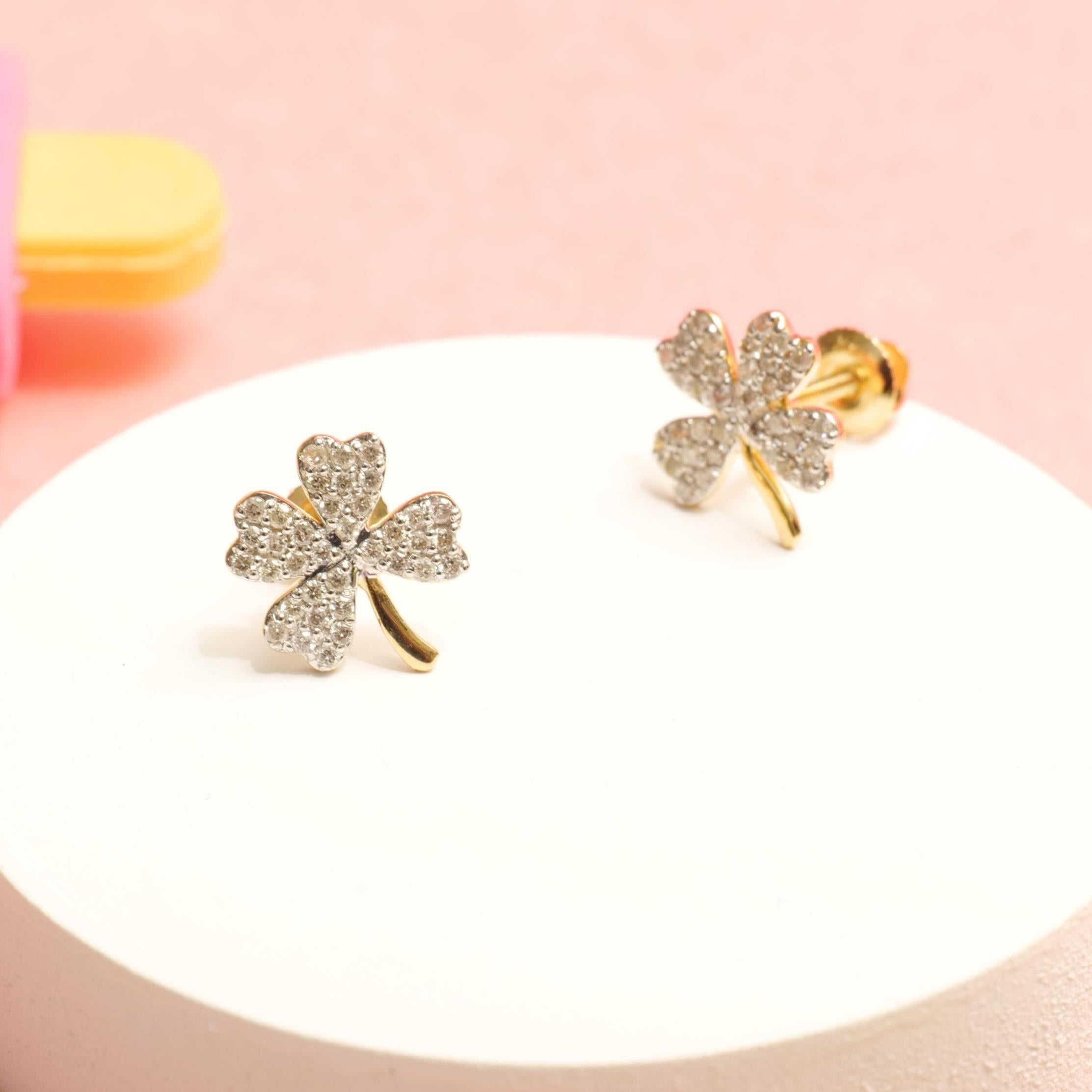 Round Cut Kids Leaf Clover Diamond Stud Earrings in 14k Solid Gold (Certified) For Sale