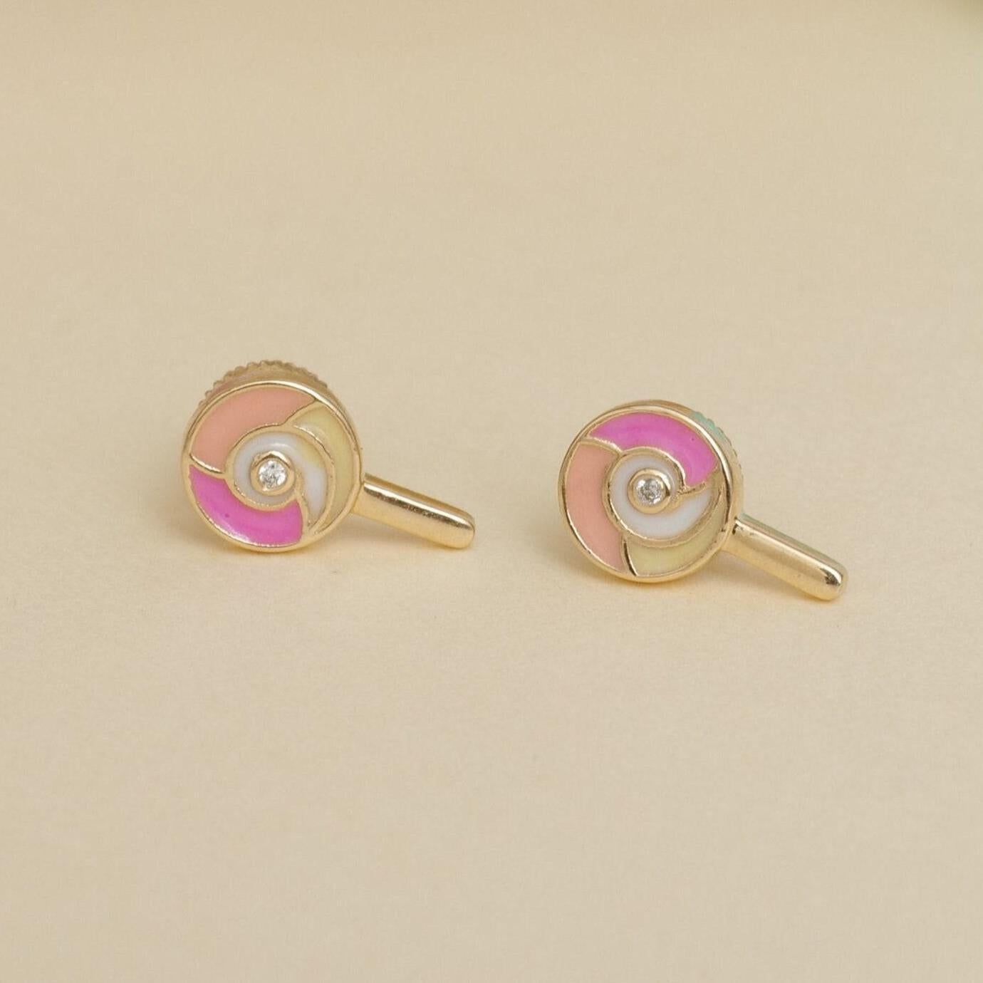 Art Deco Kids Lollipop Diamond Stud Earrings 14k Solid Gold (Certified) For Sale