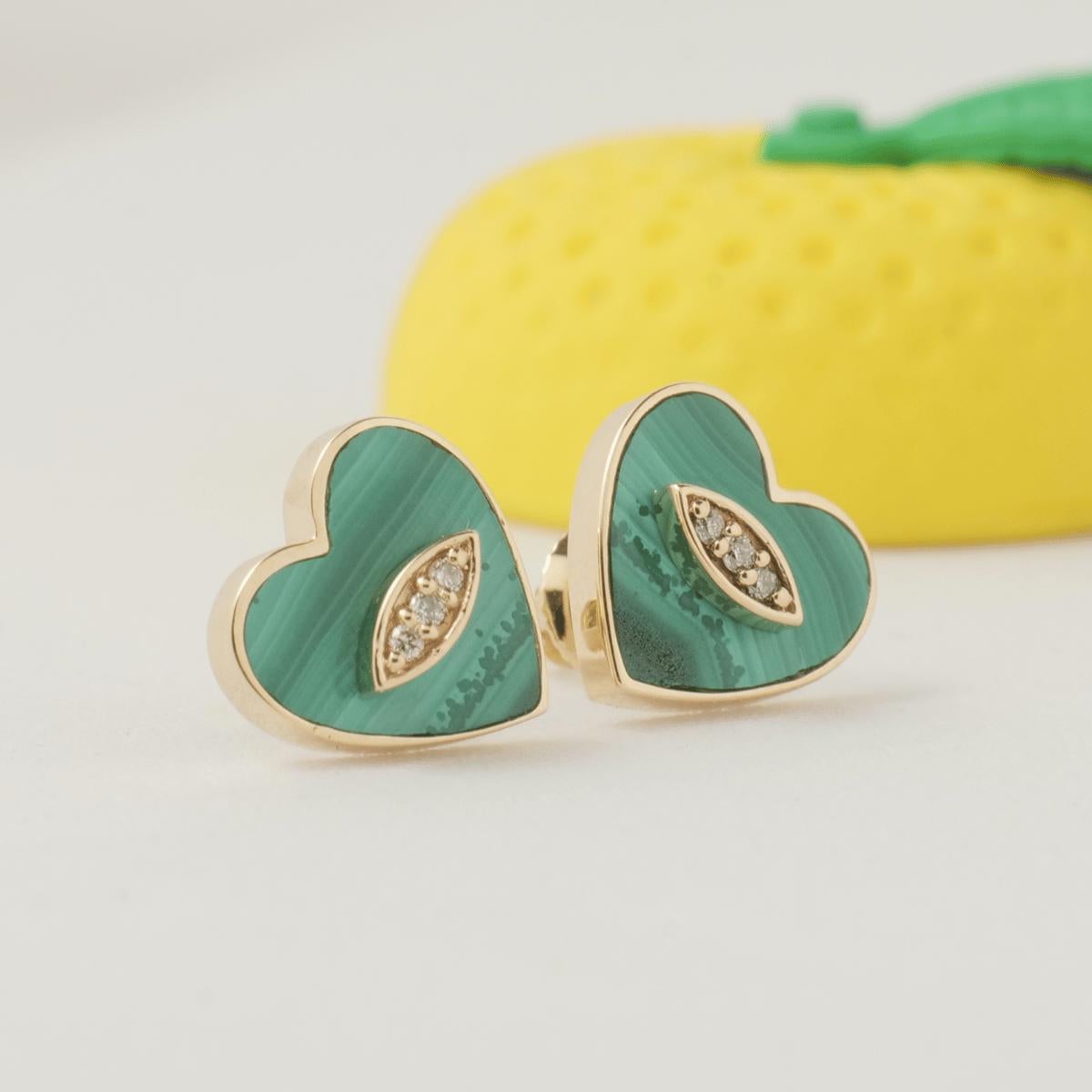 Art Déco Kids Malachite Heart Diamond Earrings in 14K Solid Gold (Certified) in vendita