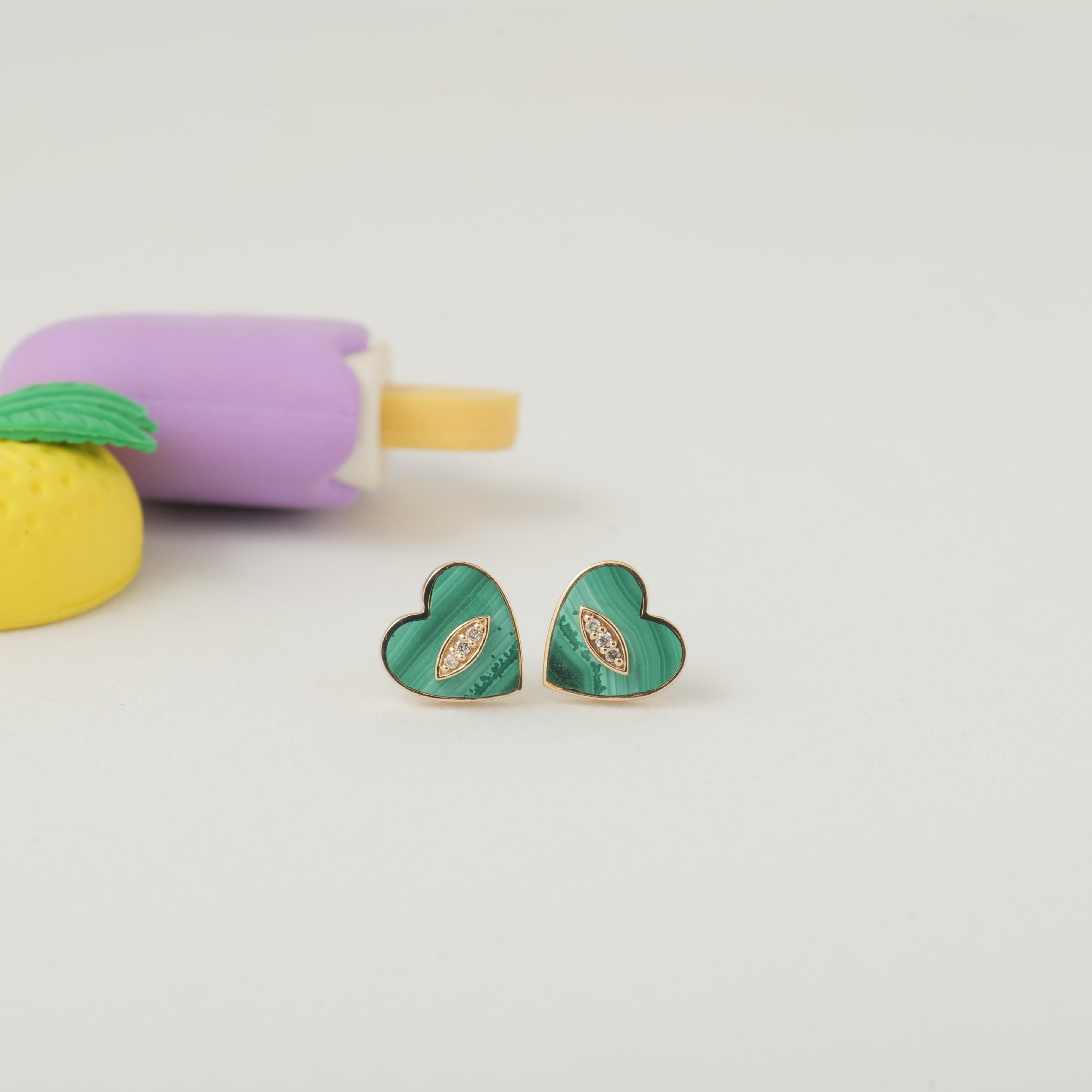 Donna Kids Malachite Heart Diamond Earrings in 14K Solid Gold (Certified) in vendita
