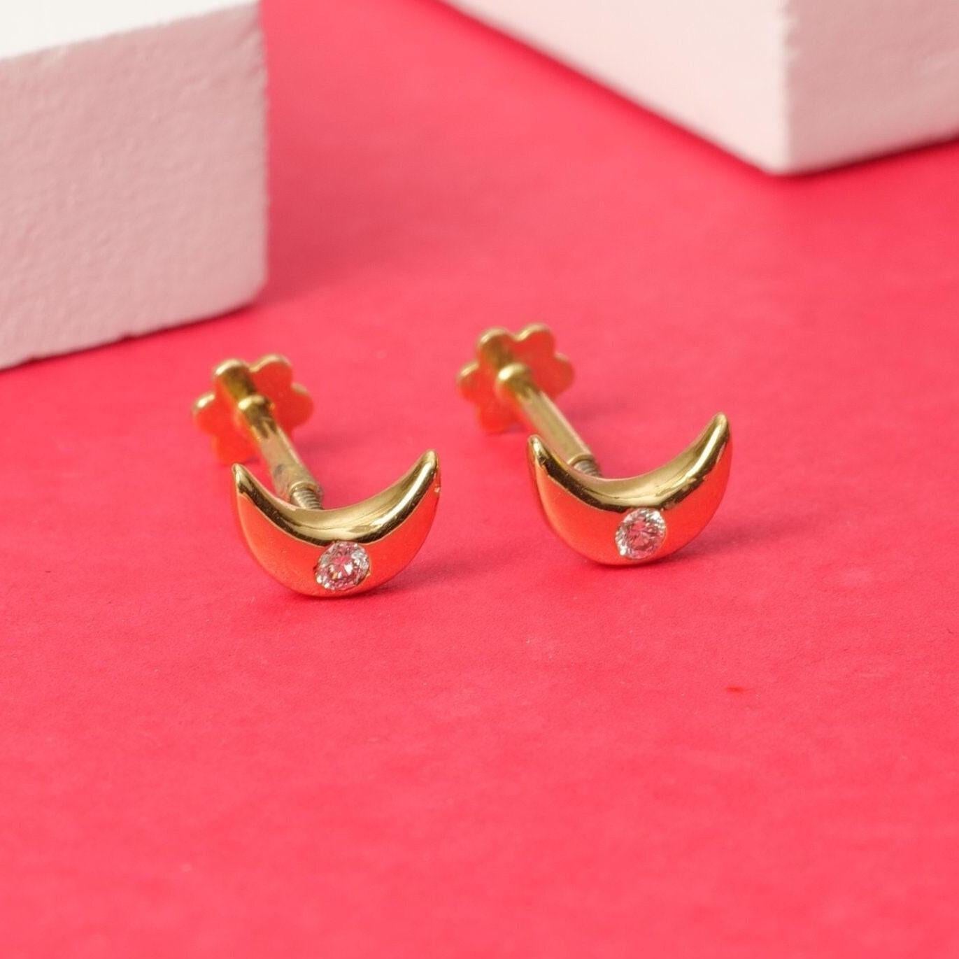 Art Deco Kids Moon Diamond Stud Earrings in 14K Solid Gold (Certified) For Sale