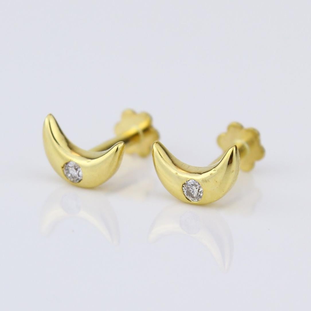 Round Cut Kids Moon Diamond Stud Earrings in 14K Solid Gold (Certified) For Sale